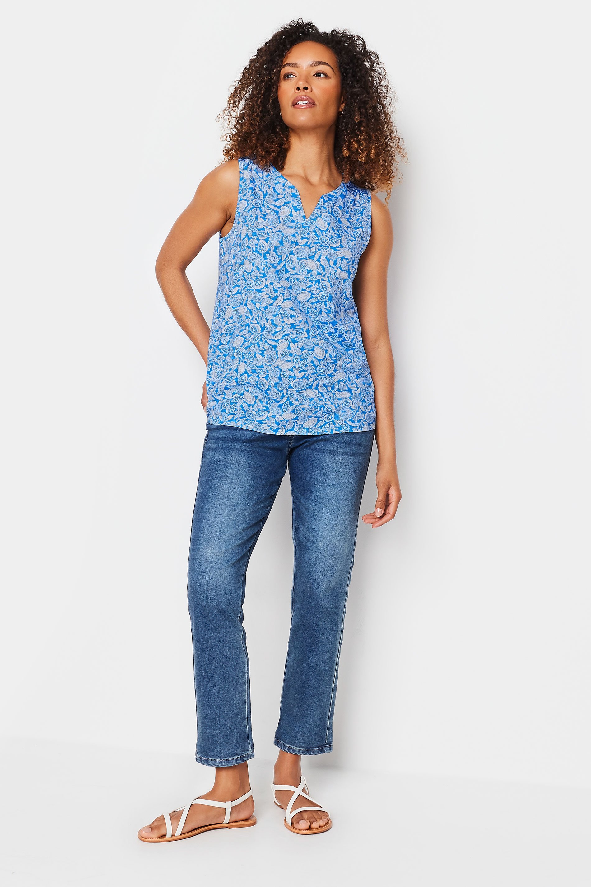 M&Co Blue Leaf Print Sleeveless Notch Neck Cotton Vest Top | M&Co 2