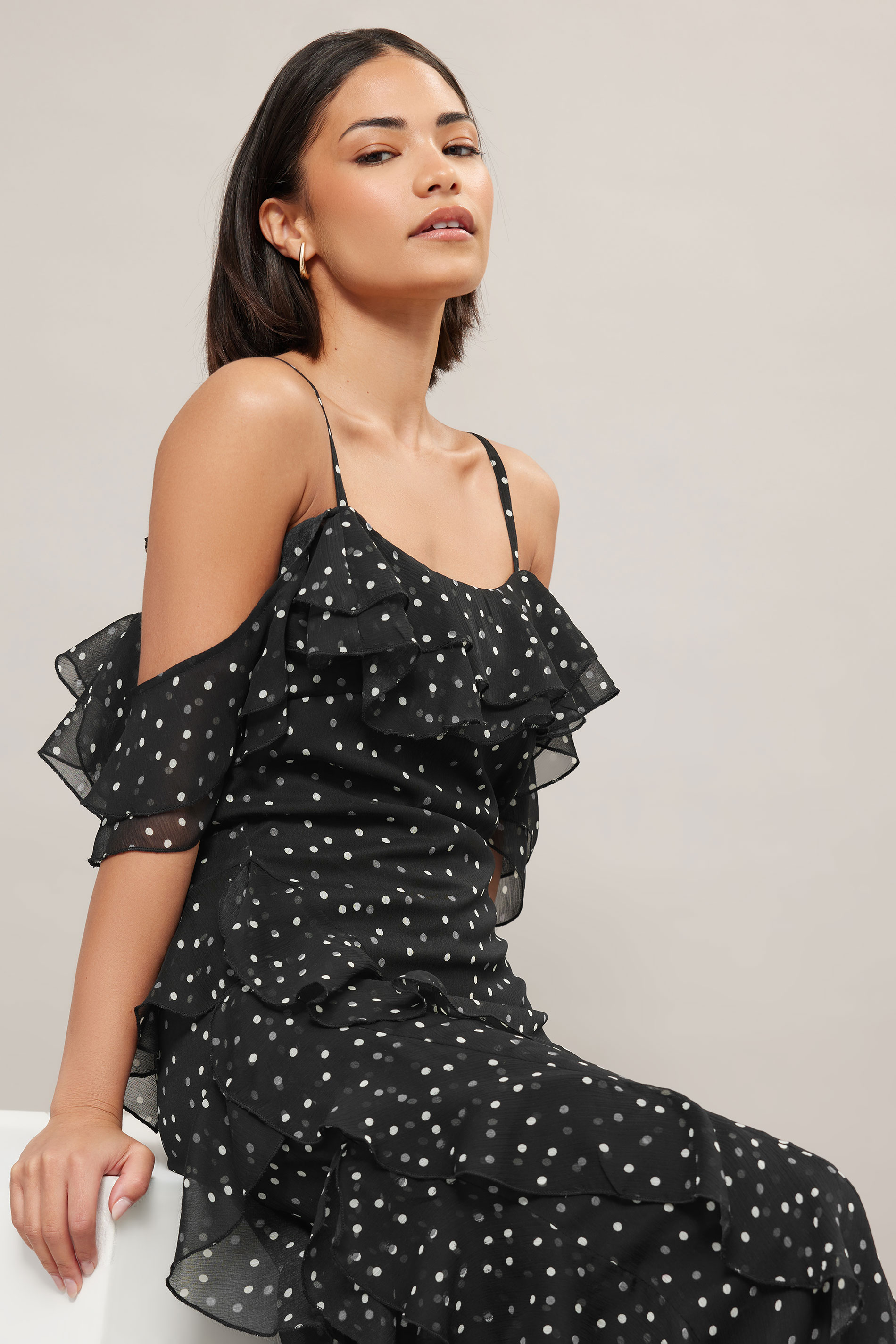 PixieGirl Petite Women's Black Chiffon Polka Dot Ruffle Maxi Dress | PixieGirl 5