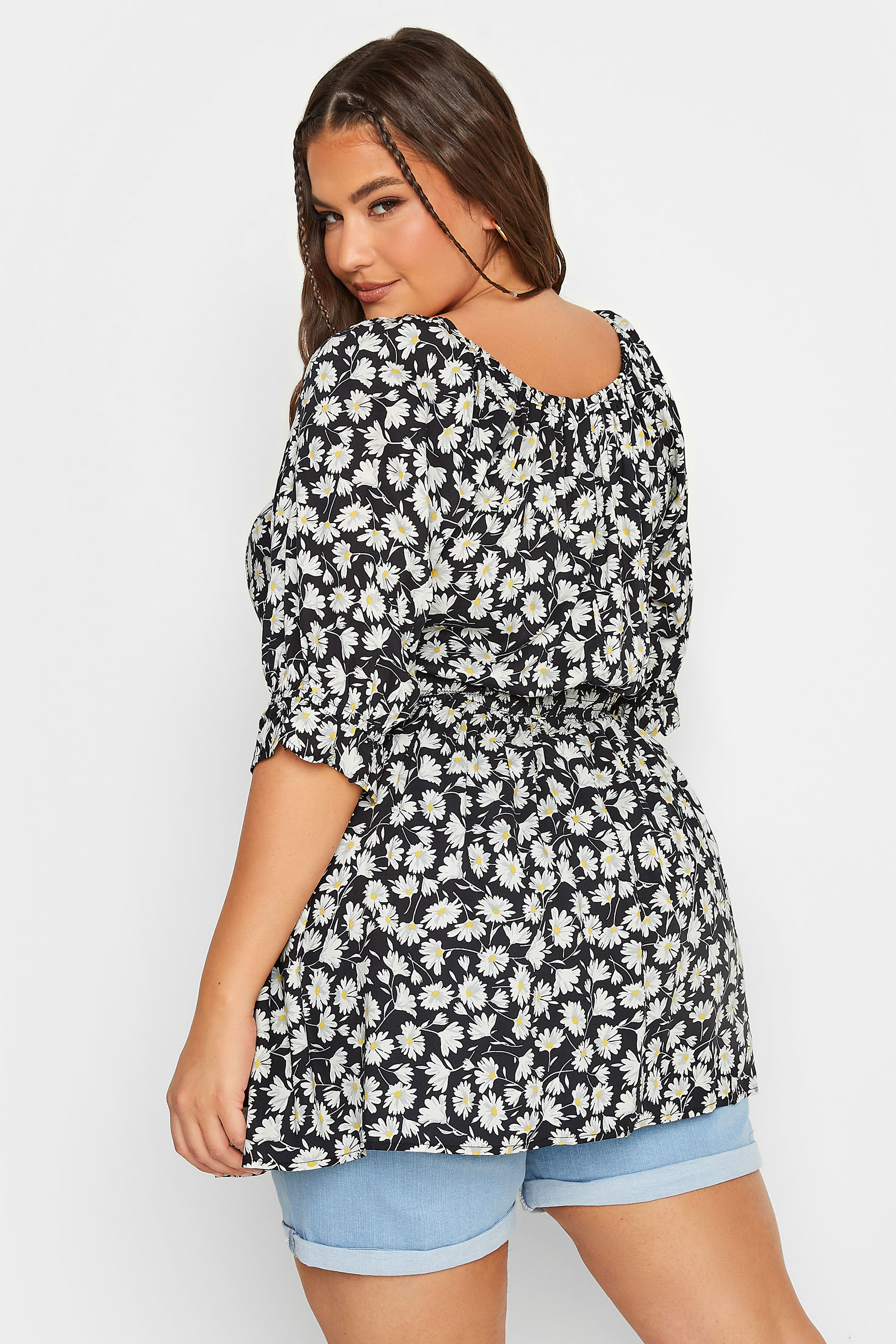 YOURS Plus Size Black Floral Shirred Tie Neck Top | Yours Clothing 3