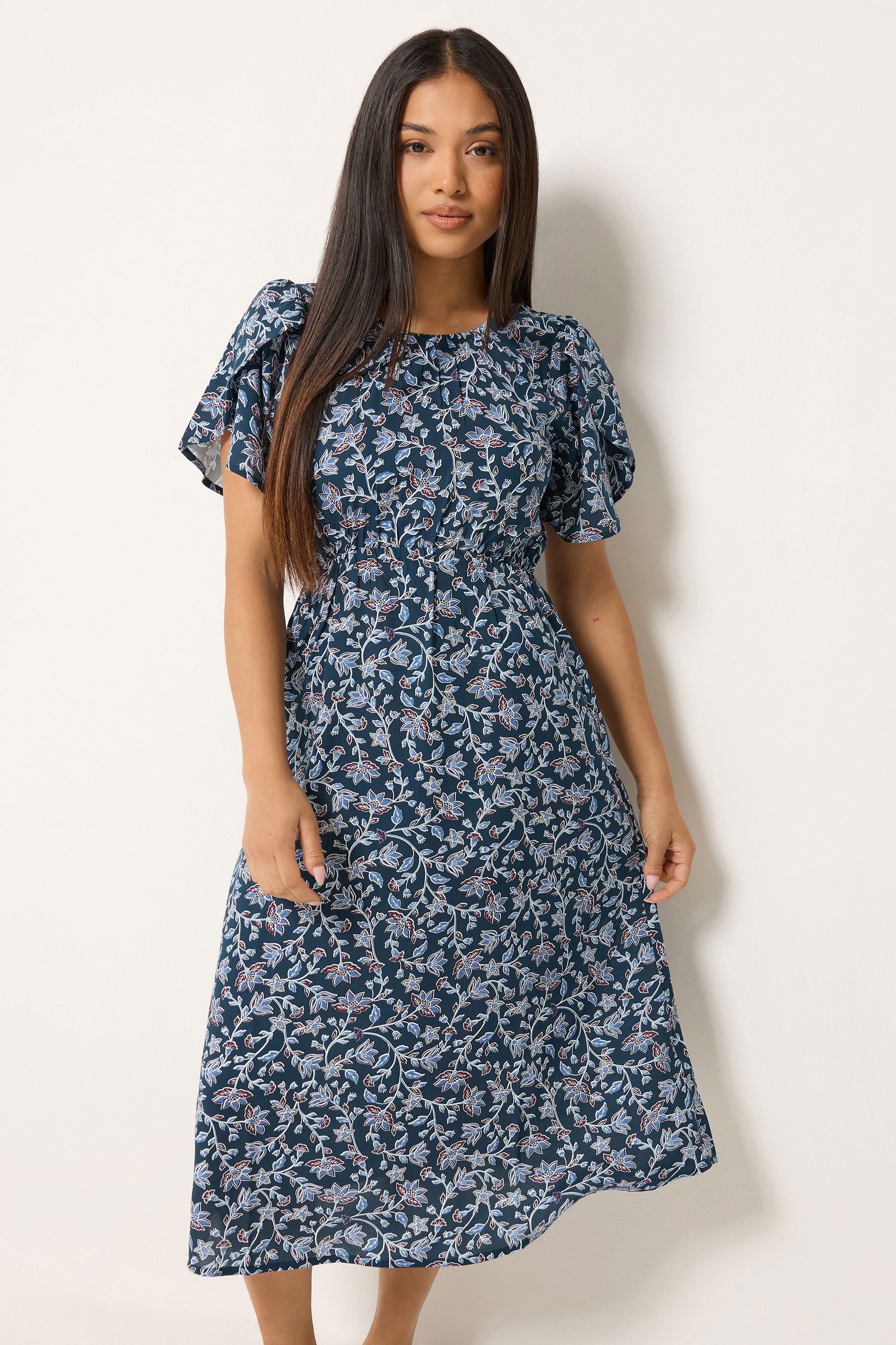 M&Co Petite Blue Floral Print Tulip Sleeve Dress | M&Co 3