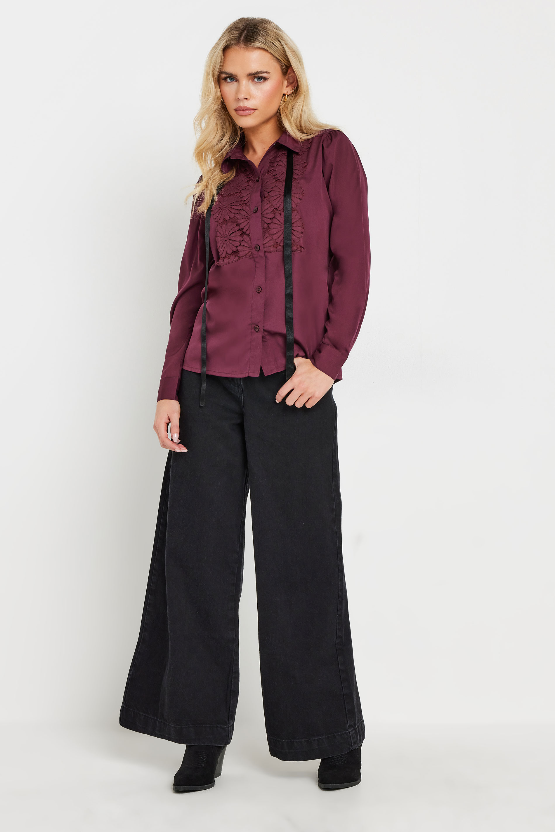 PixieGirl Petite Women's Burgundy Red Lace Trim Tie Neck Shirt | PixieGirl 1