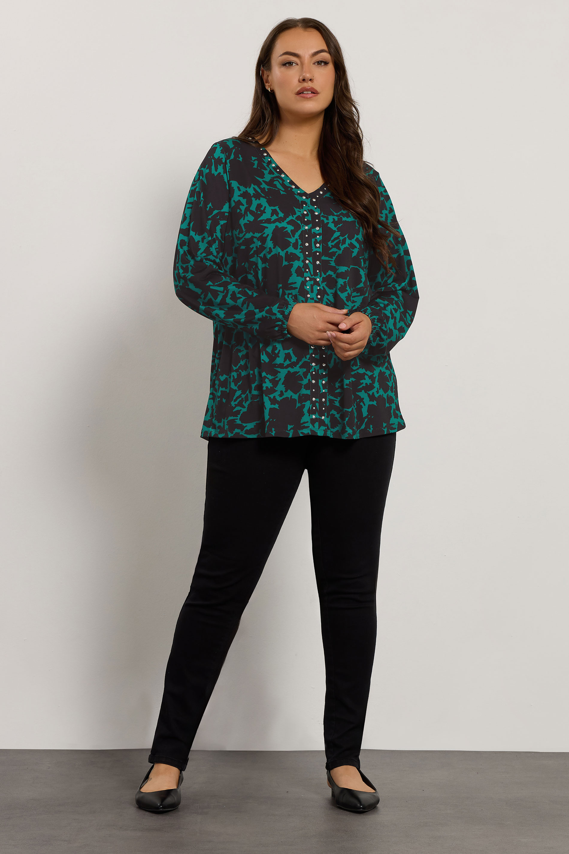 EVANS Plus Size Green Abstract Floral Stud Detail Top | Evans 1