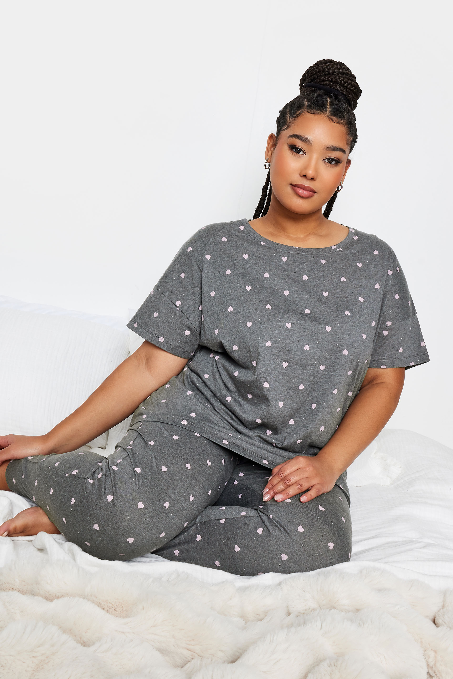 YOURS Plus Size Grey Mini Heart Print Pyjama Set | Yours Clothing 1