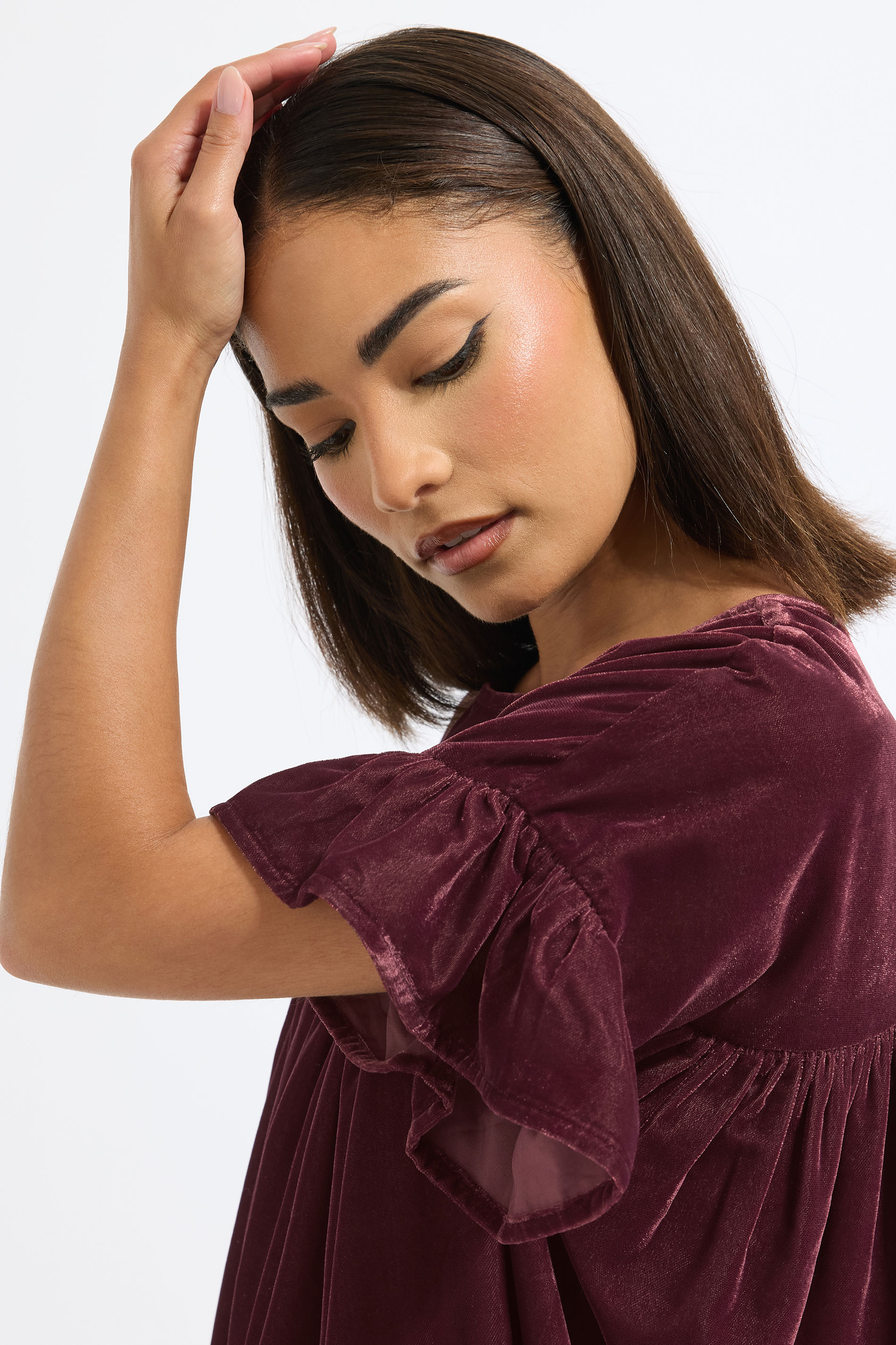 PixieGirl Petite Women's Burgundy Red Velvet Frill Smock Mini Dress | PixieGirl 5