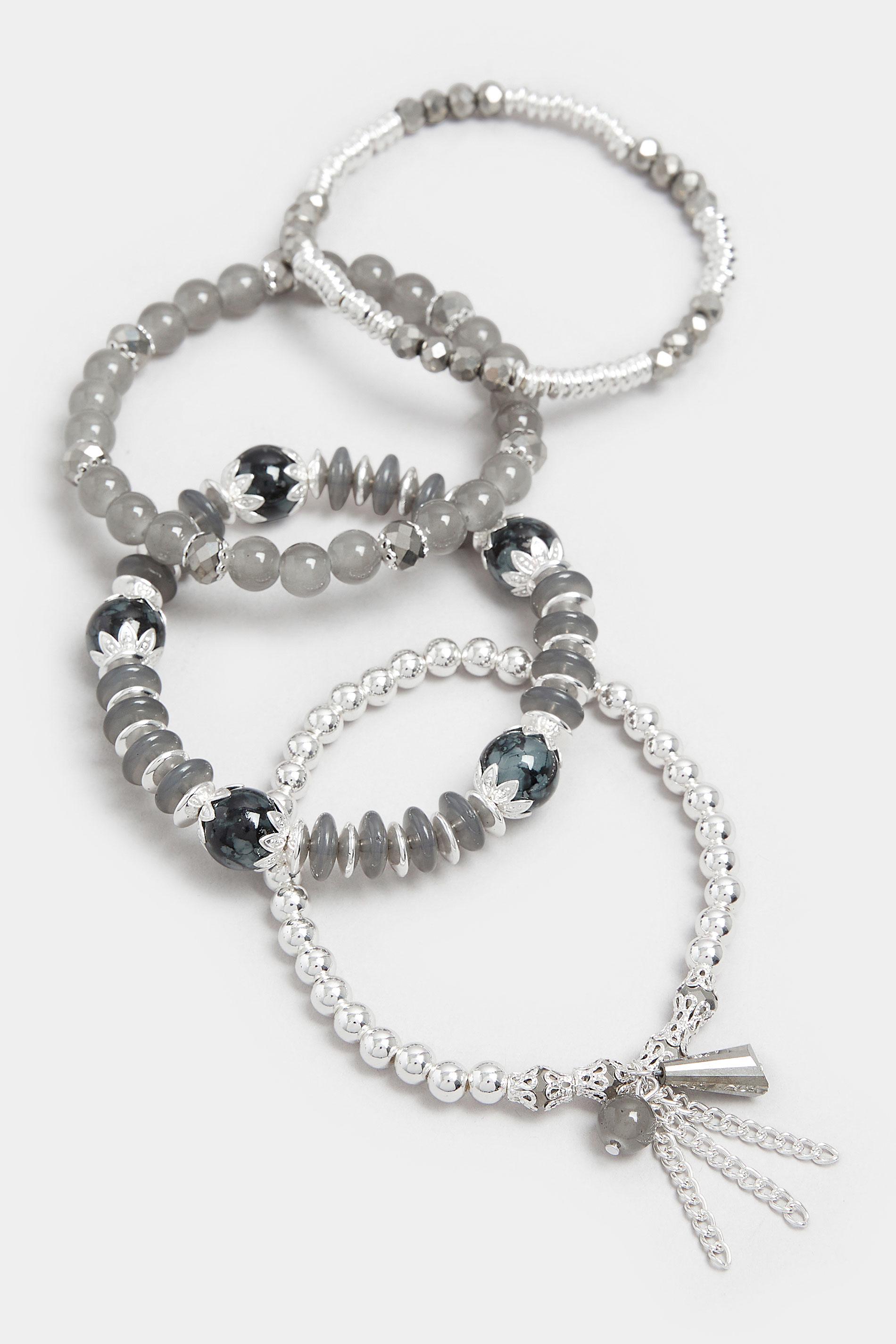 YOURSET 4 PACK Silver Tone Beaded Stretch Charm Bracelets | Yours Clothing 3