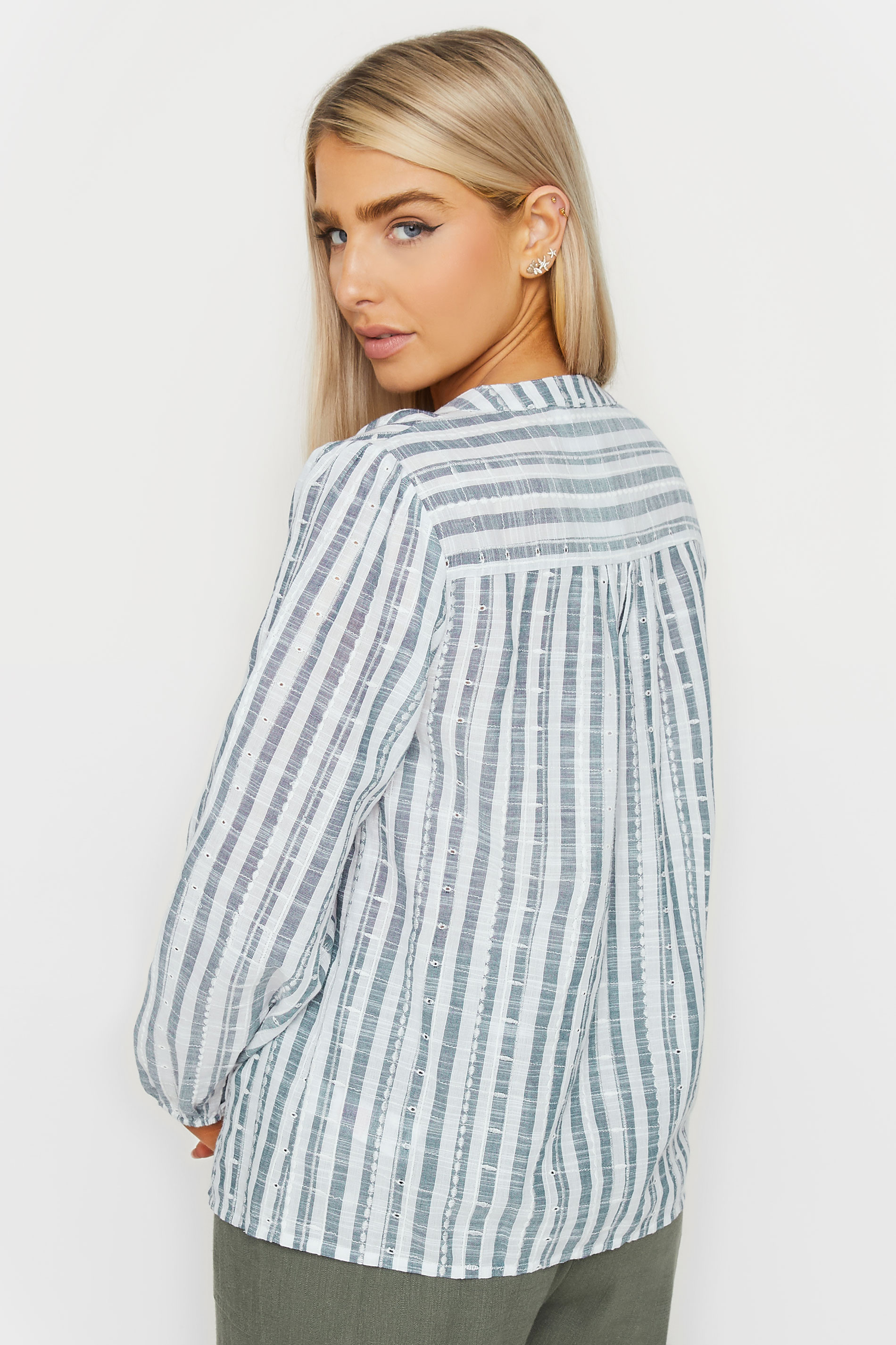 M&Co Blue & White Striped Collarless Embroidered Cotton Shirt | M&Co 3