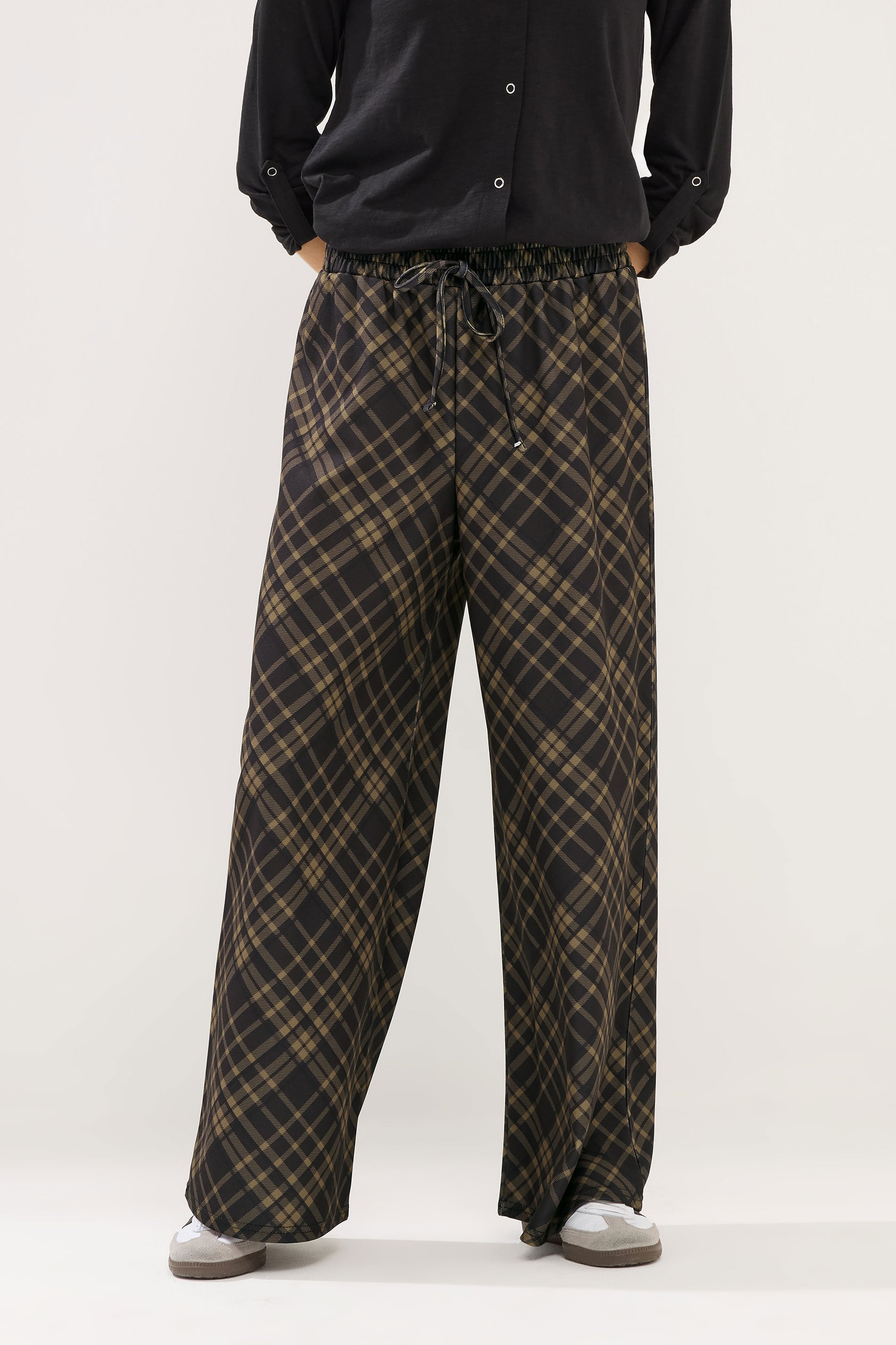 PixieGirl Petite Chocolate Brown Check Wide Leg Trousers | PixieGirl 1