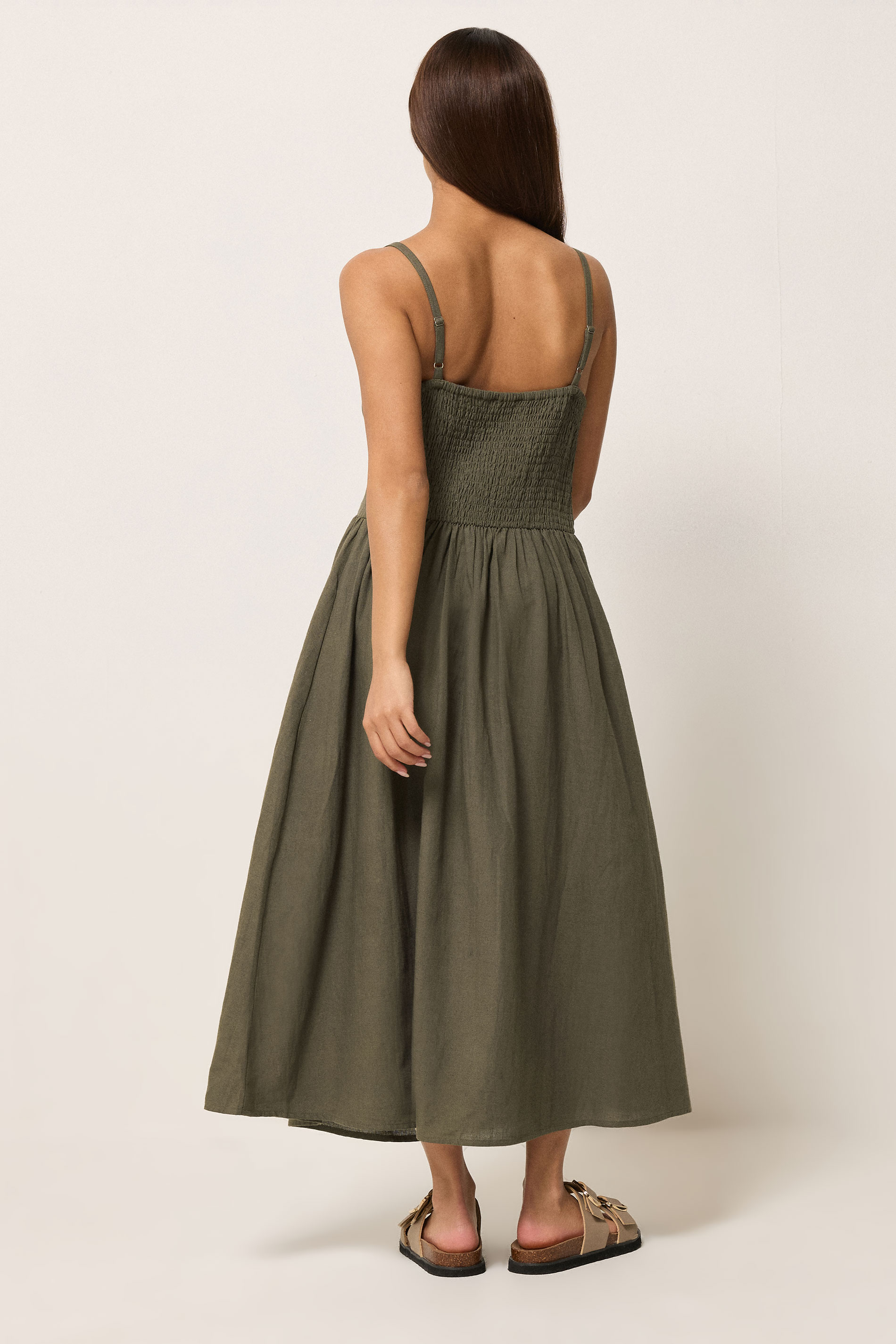 PixieGirl Petite Women's Chocolate Brown Strappy Linen Midi Dress | PixieGirl 2