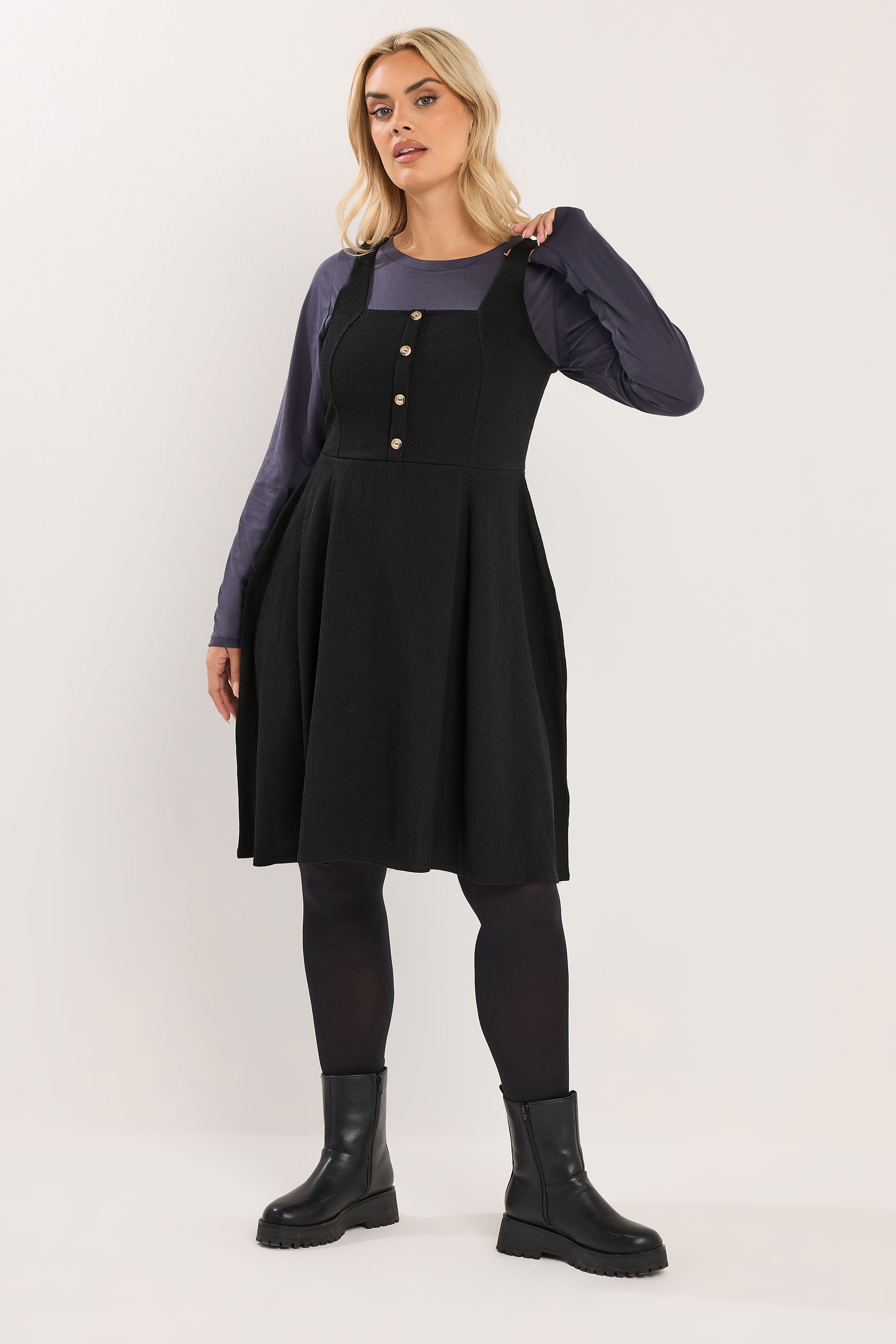YOURS Plus Size Black Button Front Textured Pinafore Dress | Yours Clothing 3