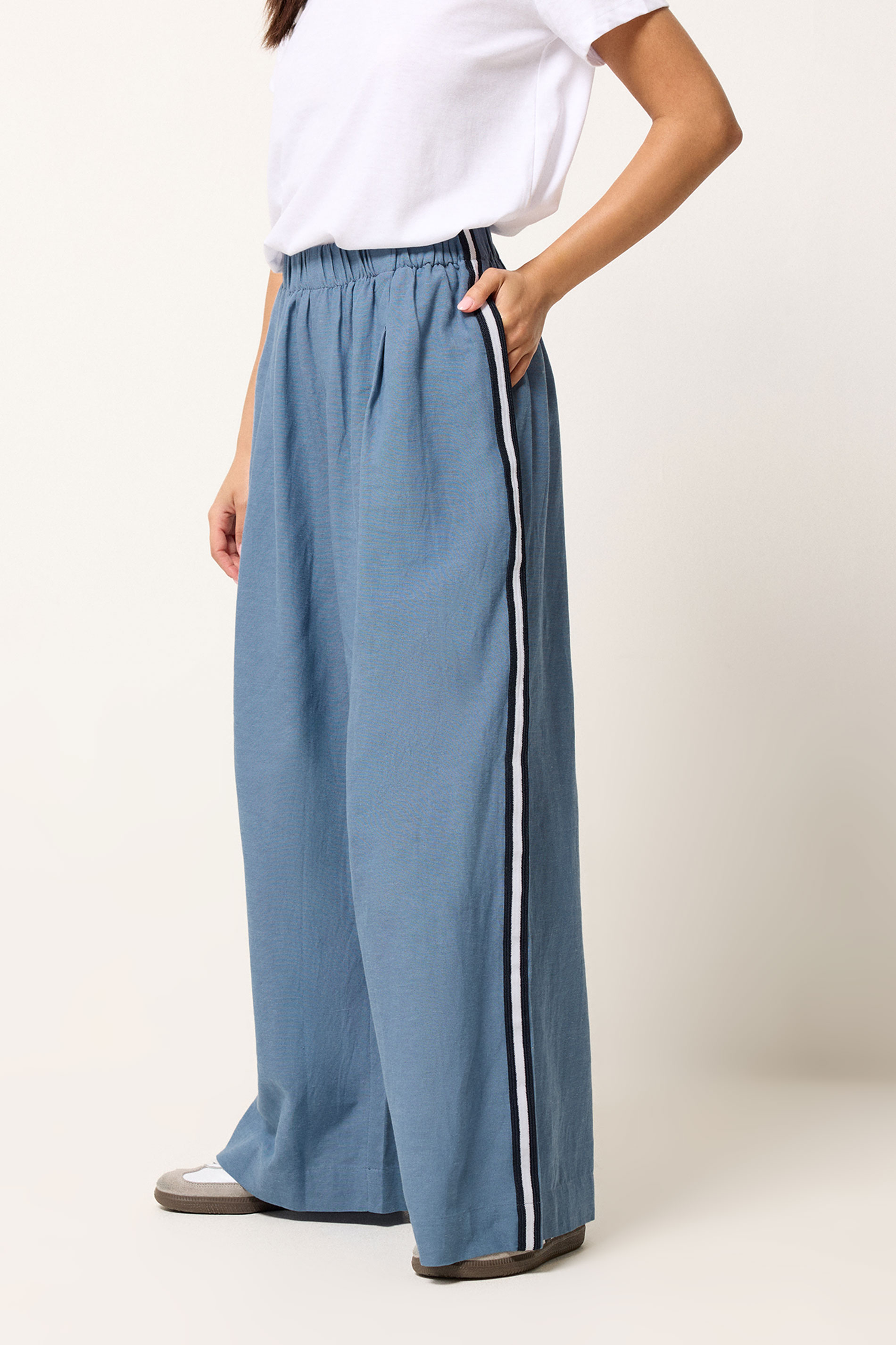 PxieGirl Petite Women's Blue Side Stripe Linen Wide Leg Trousers | PixieGirl 1