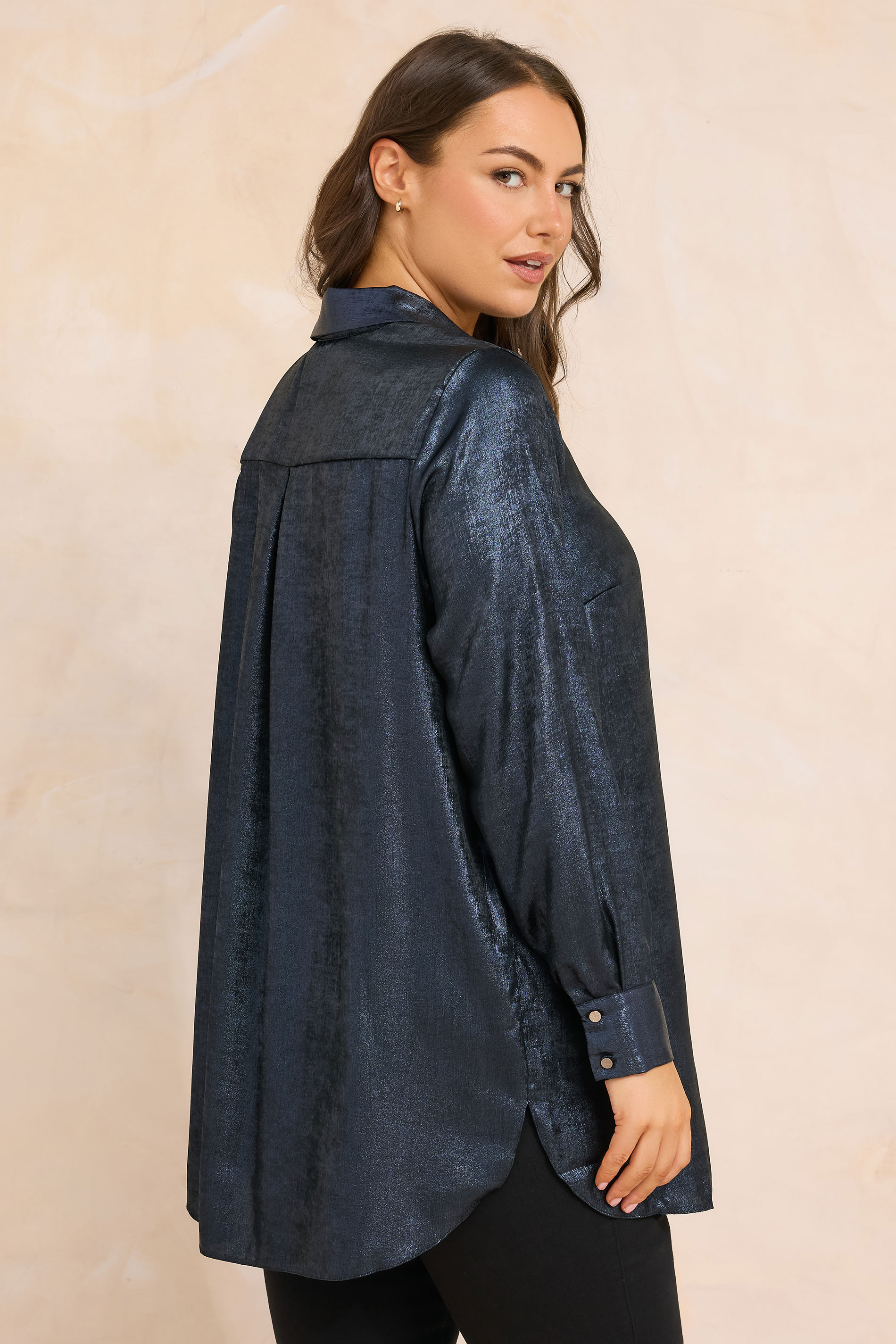 EVANS Plus Size Navy Blue Metallic Long Sleeve Shirt | Evans  2