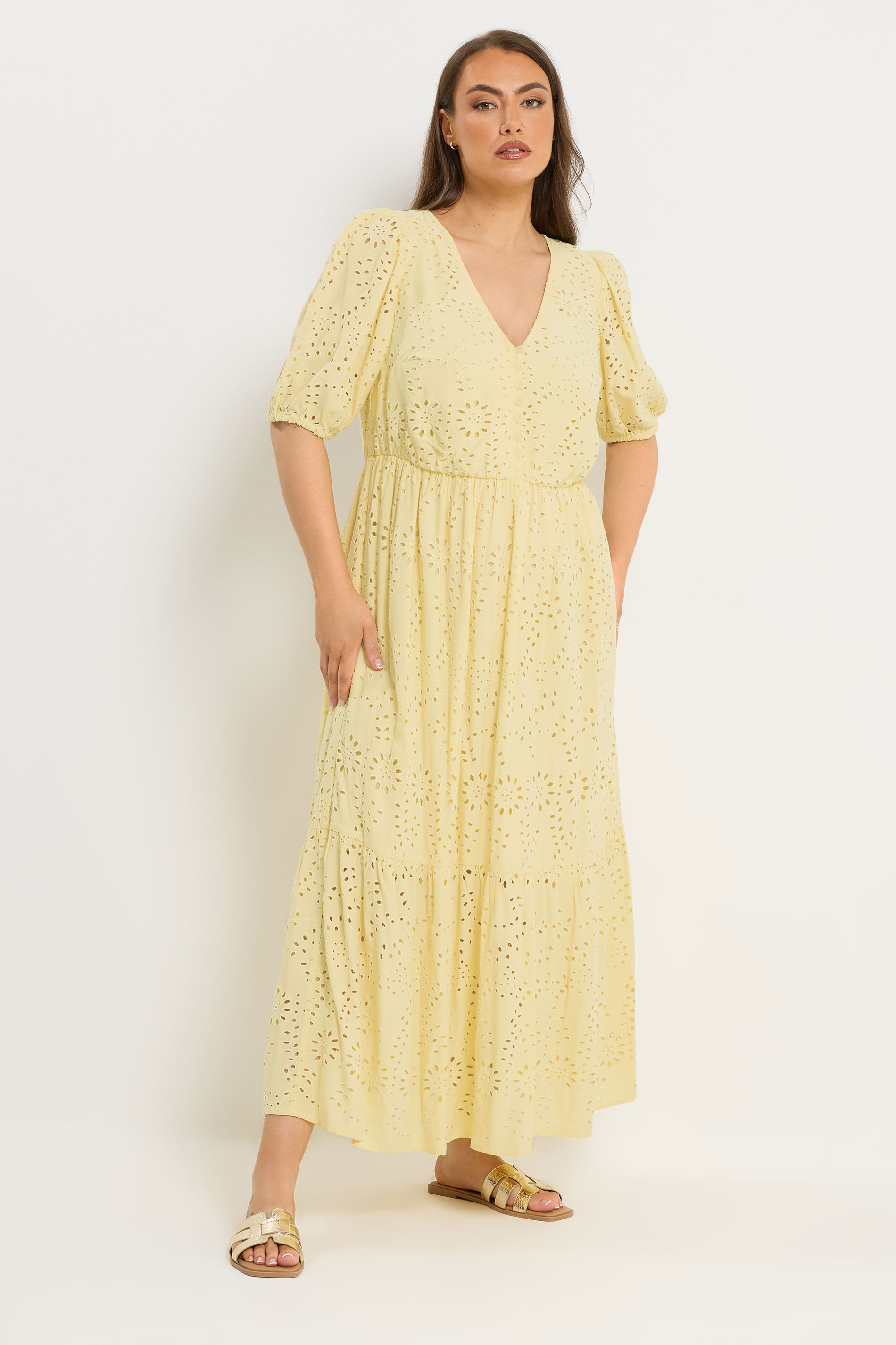 YOURS Plus Size Yellow Broderie Anglaise Tiered Maxi Dress | Yours Clothing 2