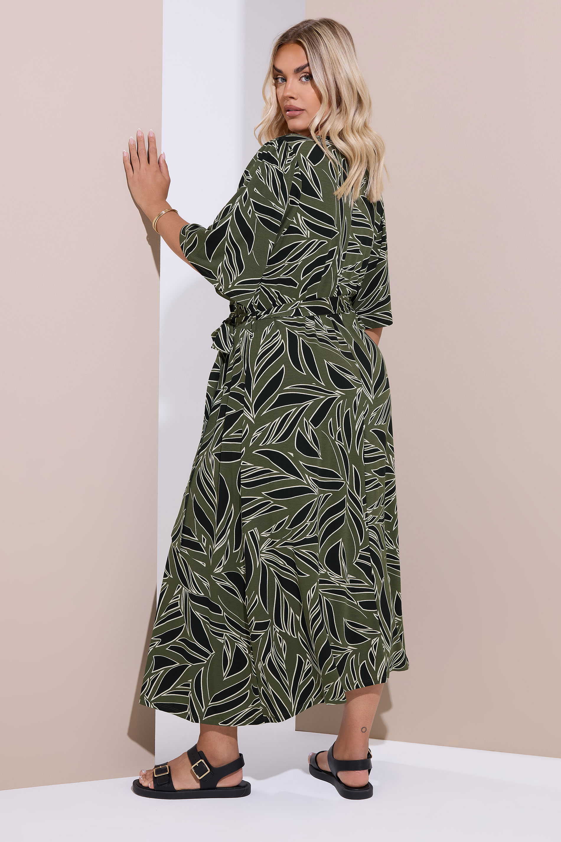YOURS Plus Size Khaki Green Leaf Wrap Maxi Dress | Yours Clothing 2