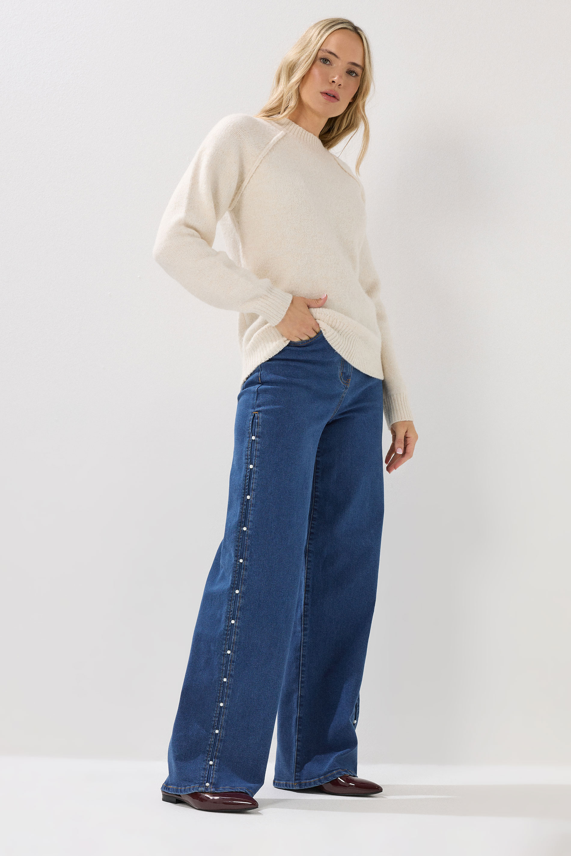 LTS Tall Dark Blue Pearl Detail Cotton Wide Leg Jeans | Long Tall Sally 1