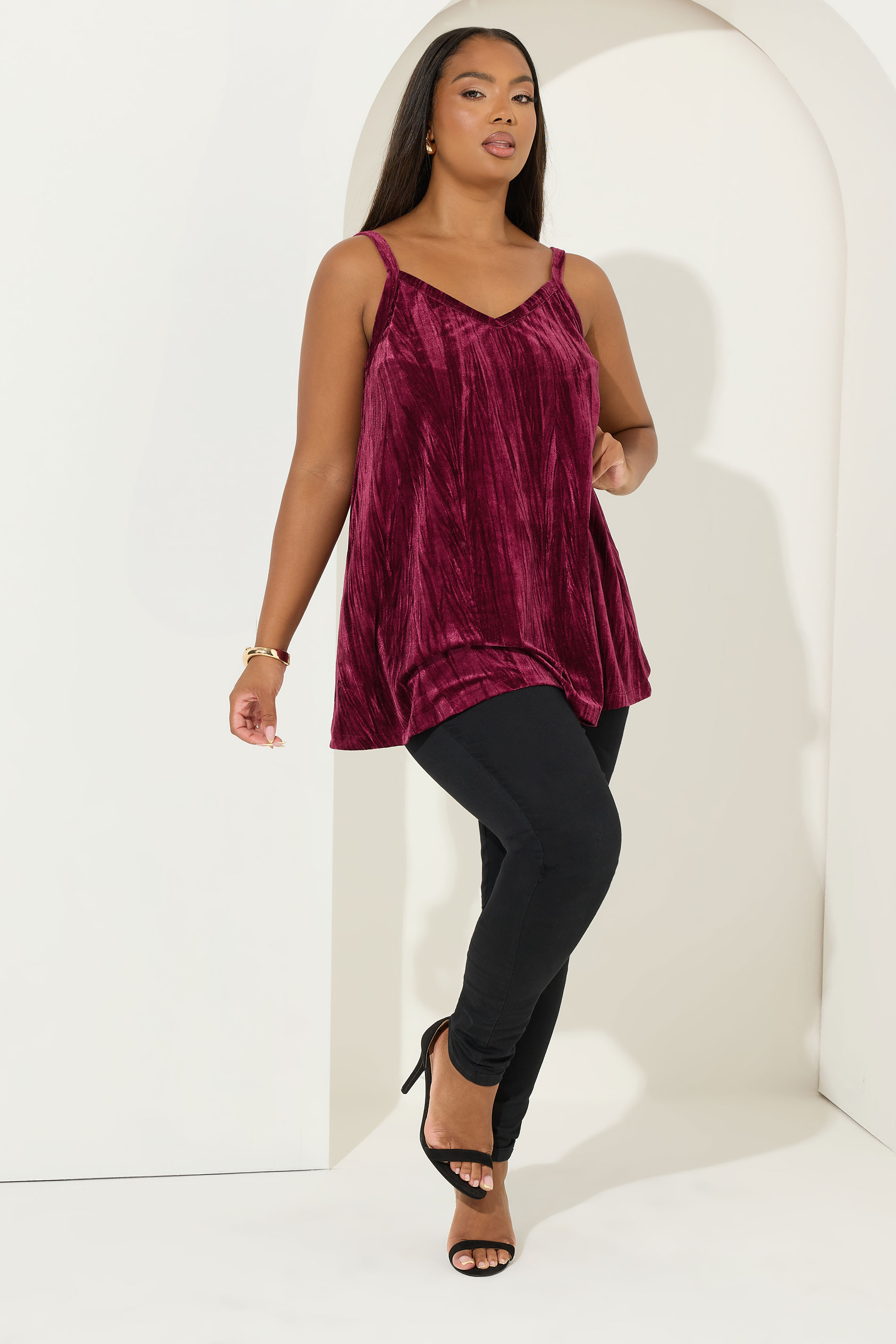 YOURS Plus Size Burgundy Red Crushed Velour Cami Vest Top | Yours Clothing 1