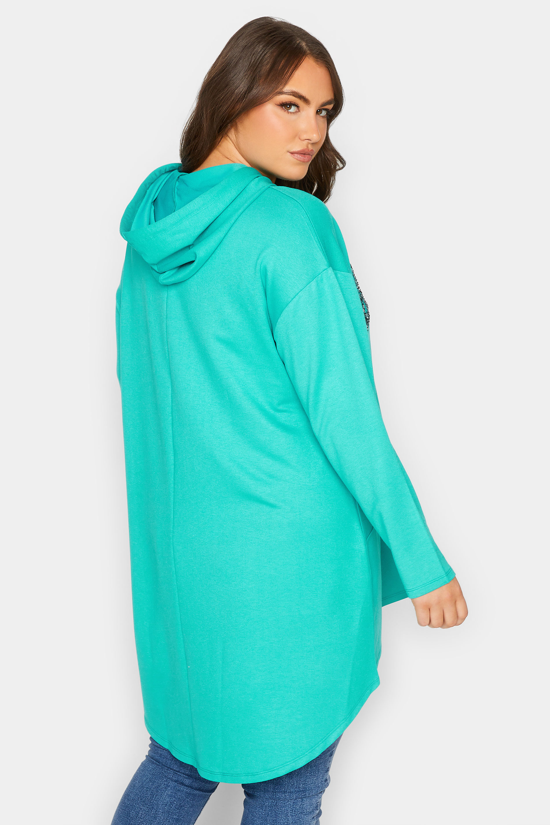 YOURS Plus Size Curve Turquoise Green 'Brooklyn' Slogan Longline Hoodie | Yours Clothing  3