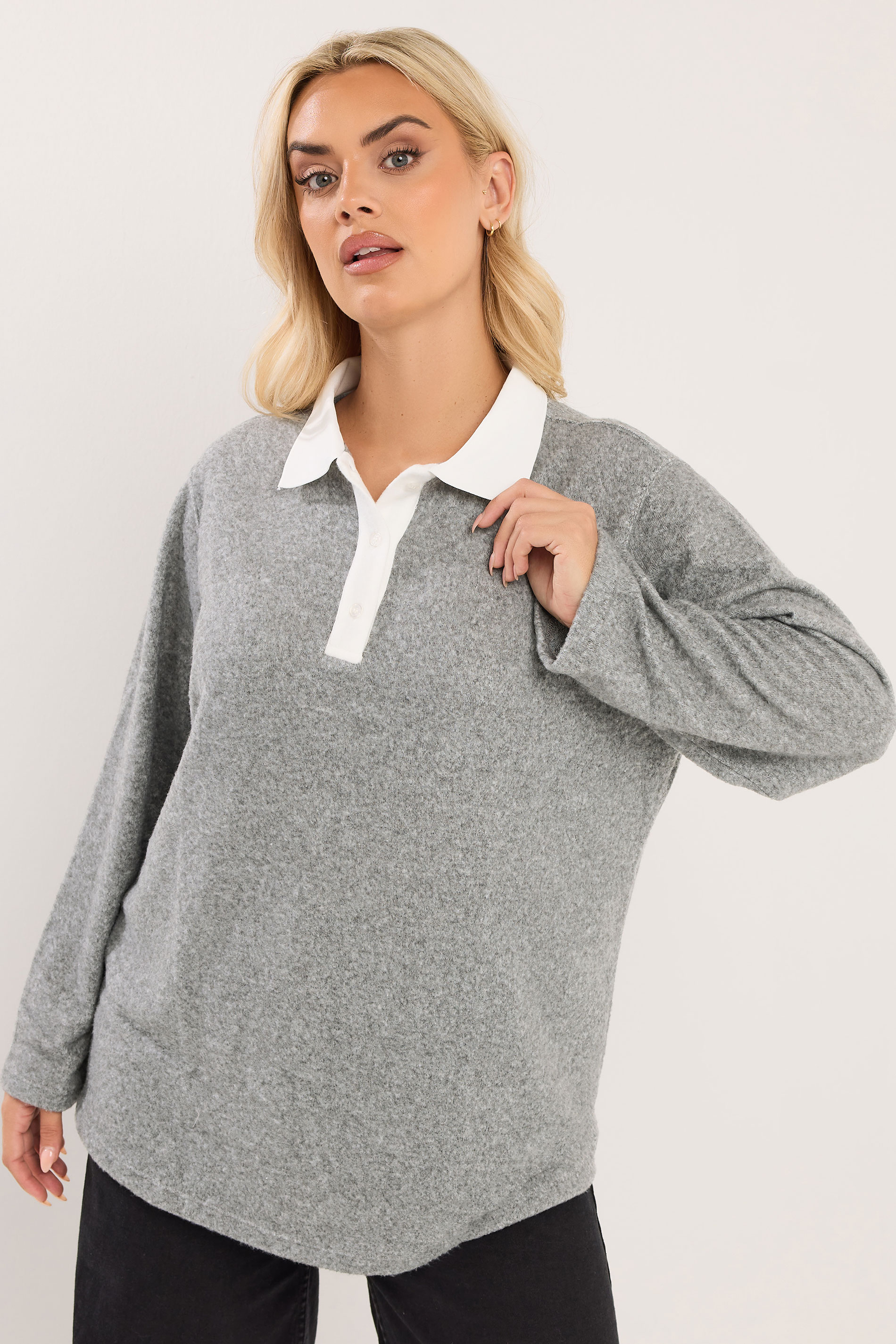 YOURS Plus Size Grey Long Sleeve Rugby Collar Top | Yours Clothing 3