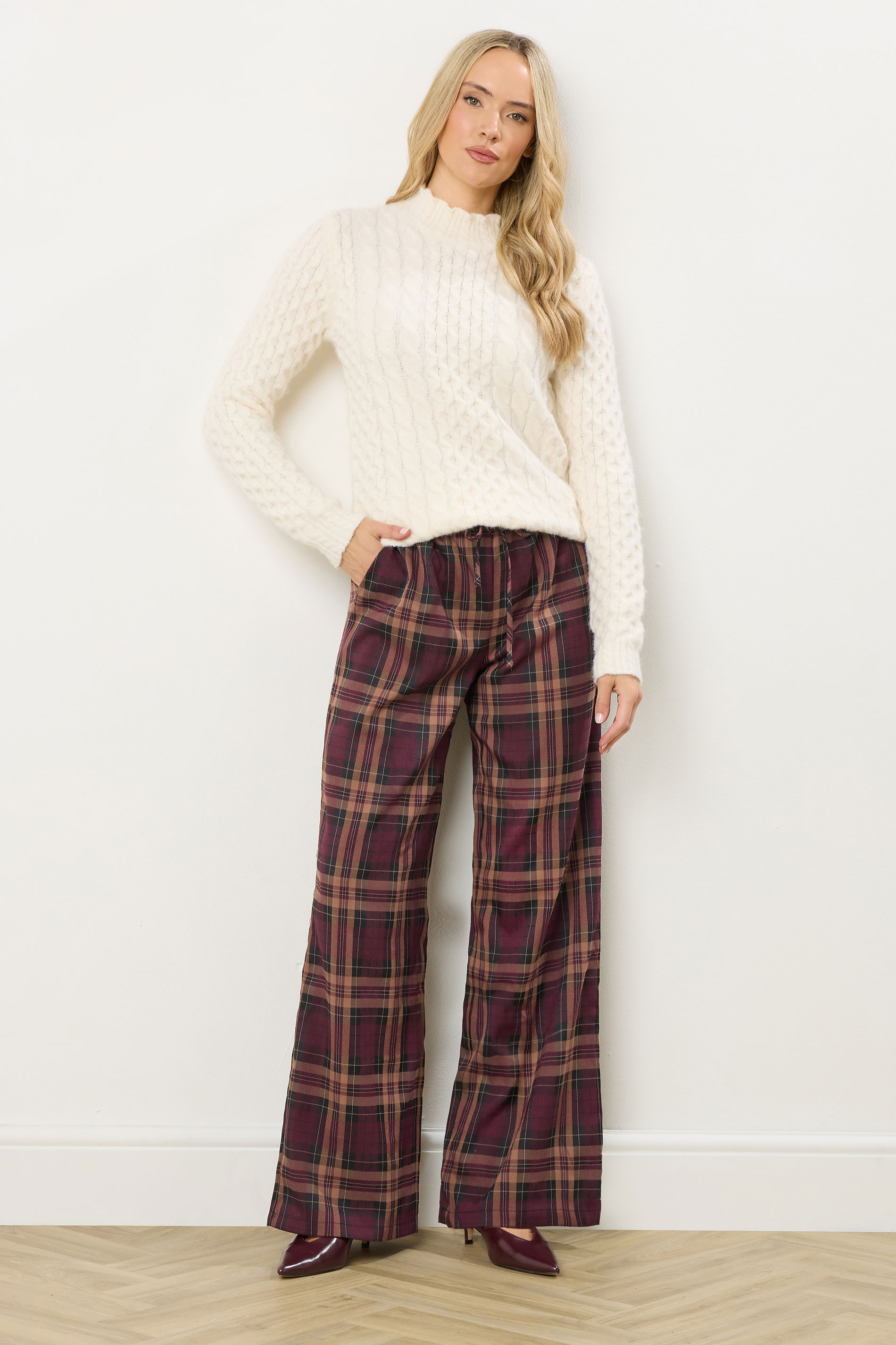 LTS Tall Burgundy Red Checked Wide Leg Trousers | Long Tall Sally 1