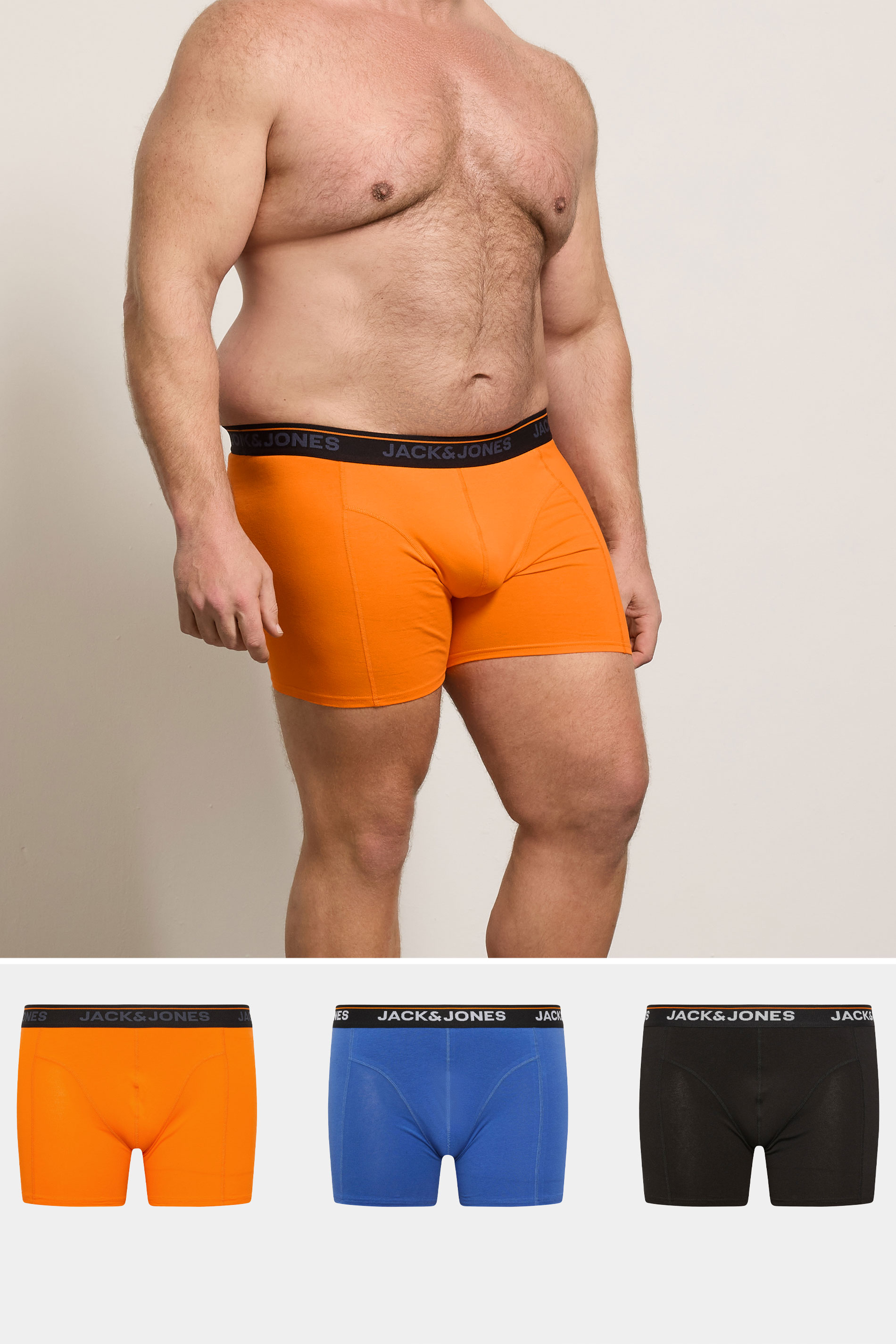 JACK & JONES Big & Tall 3 Pack Black/Blue/Orange Boxers | BadRhino 3