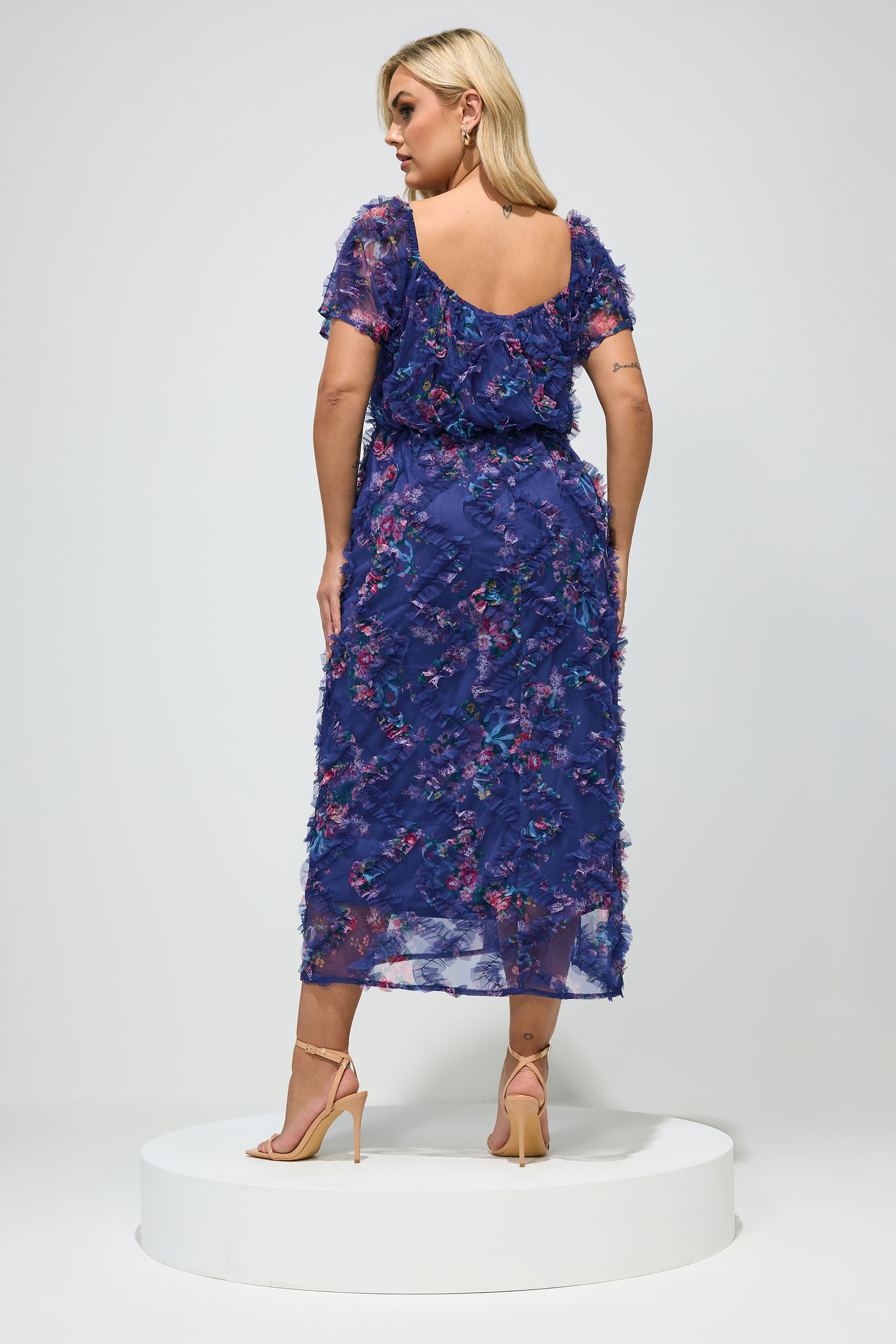 YOURS LONDON Plus Size Navy Blue Floral Chevron Ruffle Dress | Yours Clothing 4