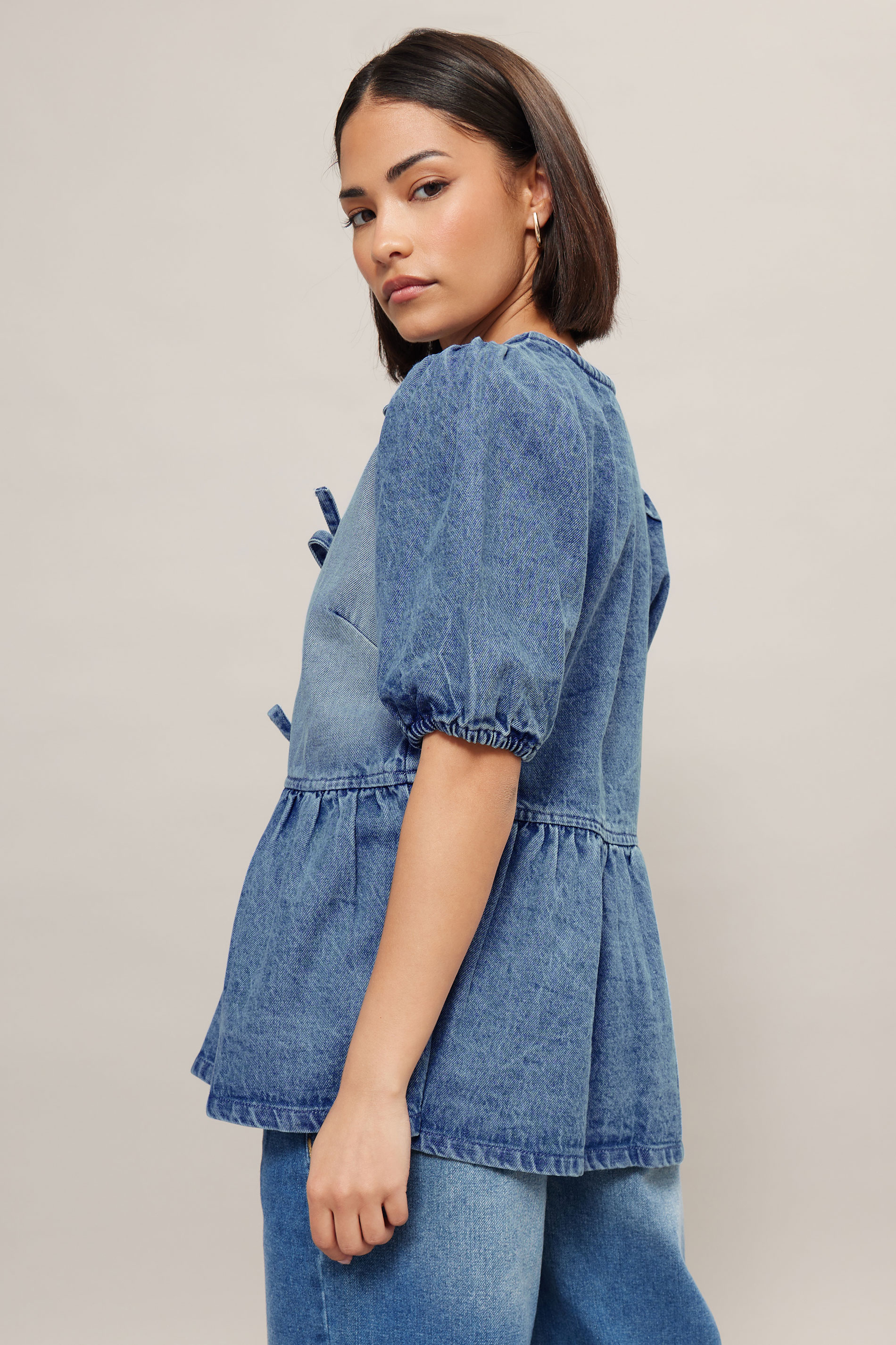 PixieGirl Petite Women's Blue Denim Tie Front Peplum Top | PixieGirl 4