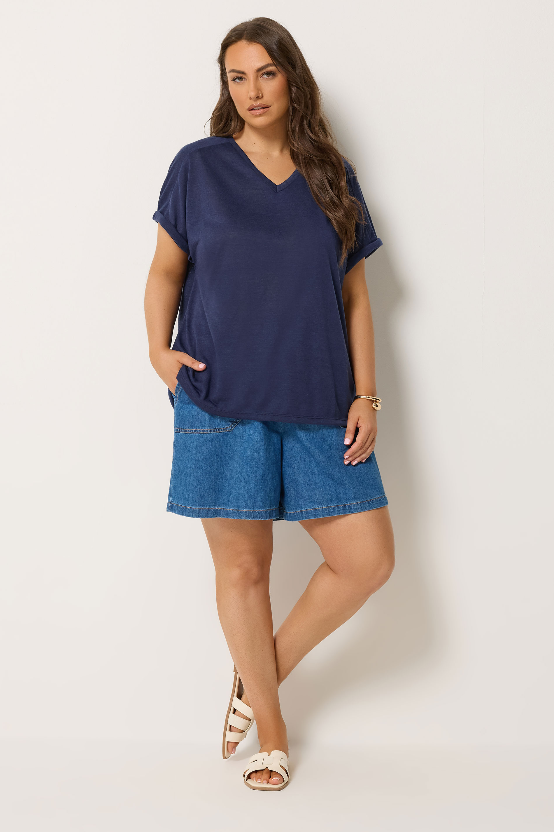 YOURS Plus Size Navy Blue Linen Look T-Shirt | Yours Clothing 1