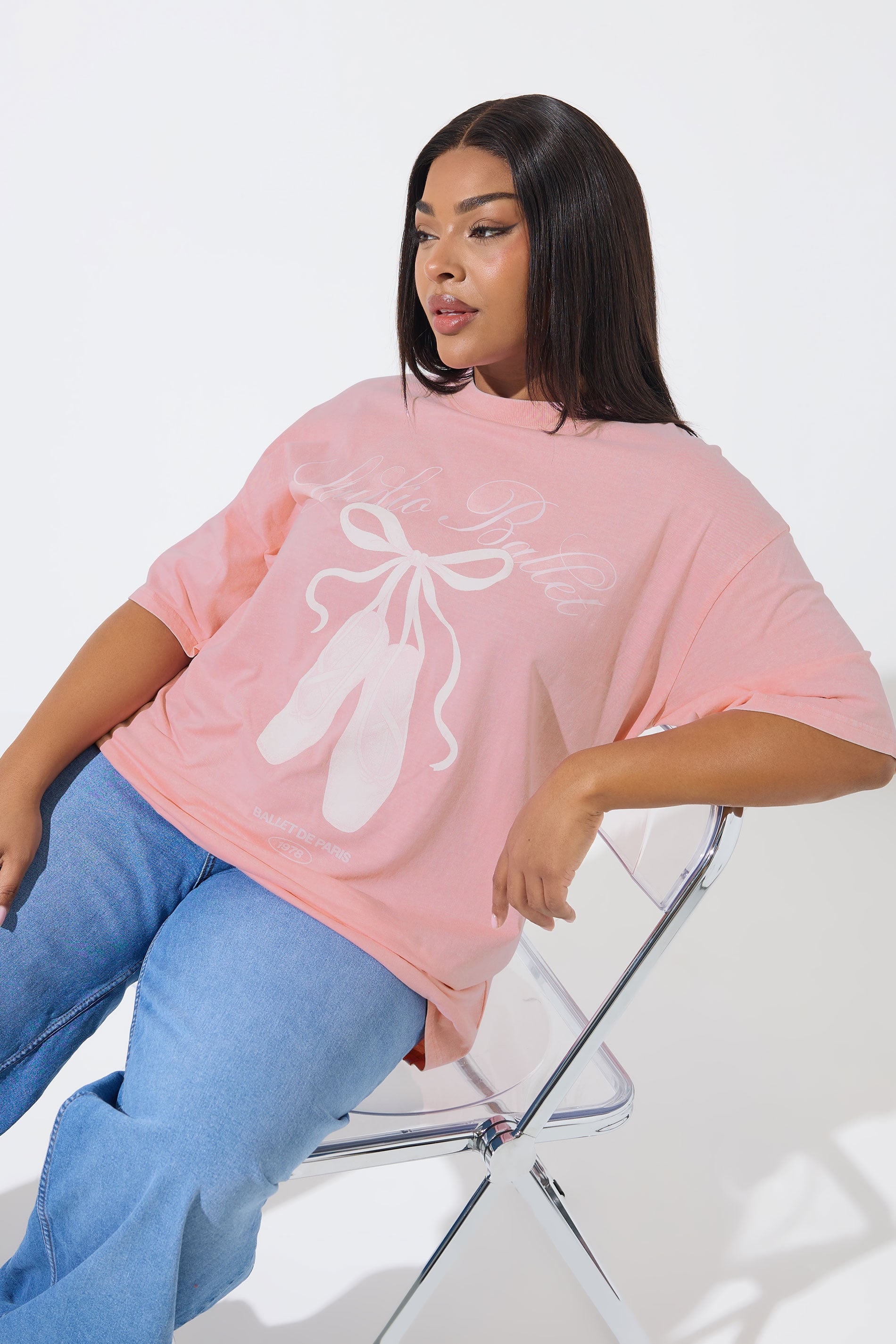 LIMITED COLLECTION Plus Size Pink Longline Ballet Acid Wash T-Shirt | Yours Clothing 3