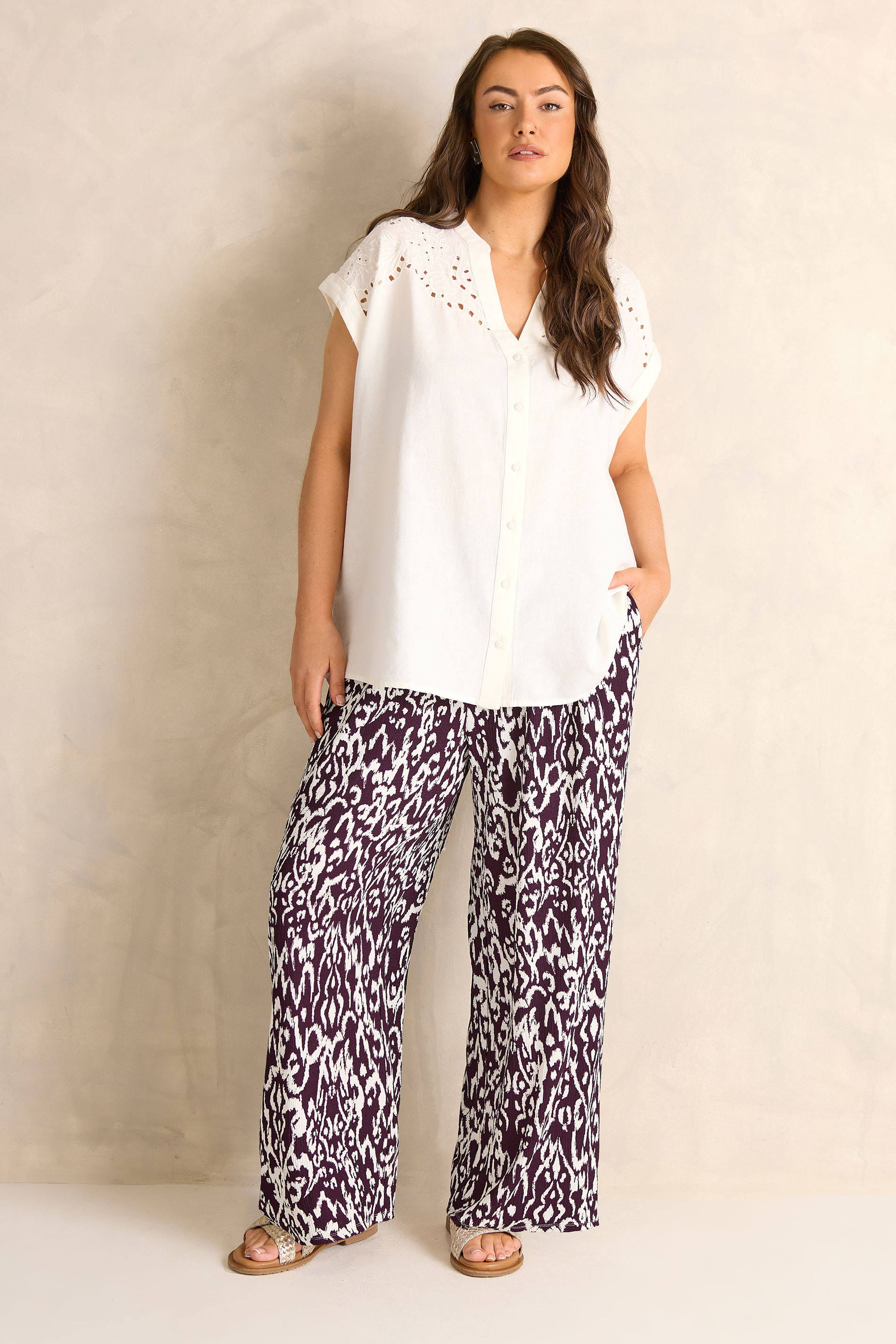EVANS Plus Size Berry Red Ikat Print Shirred Waist Trousers | Evans 1
