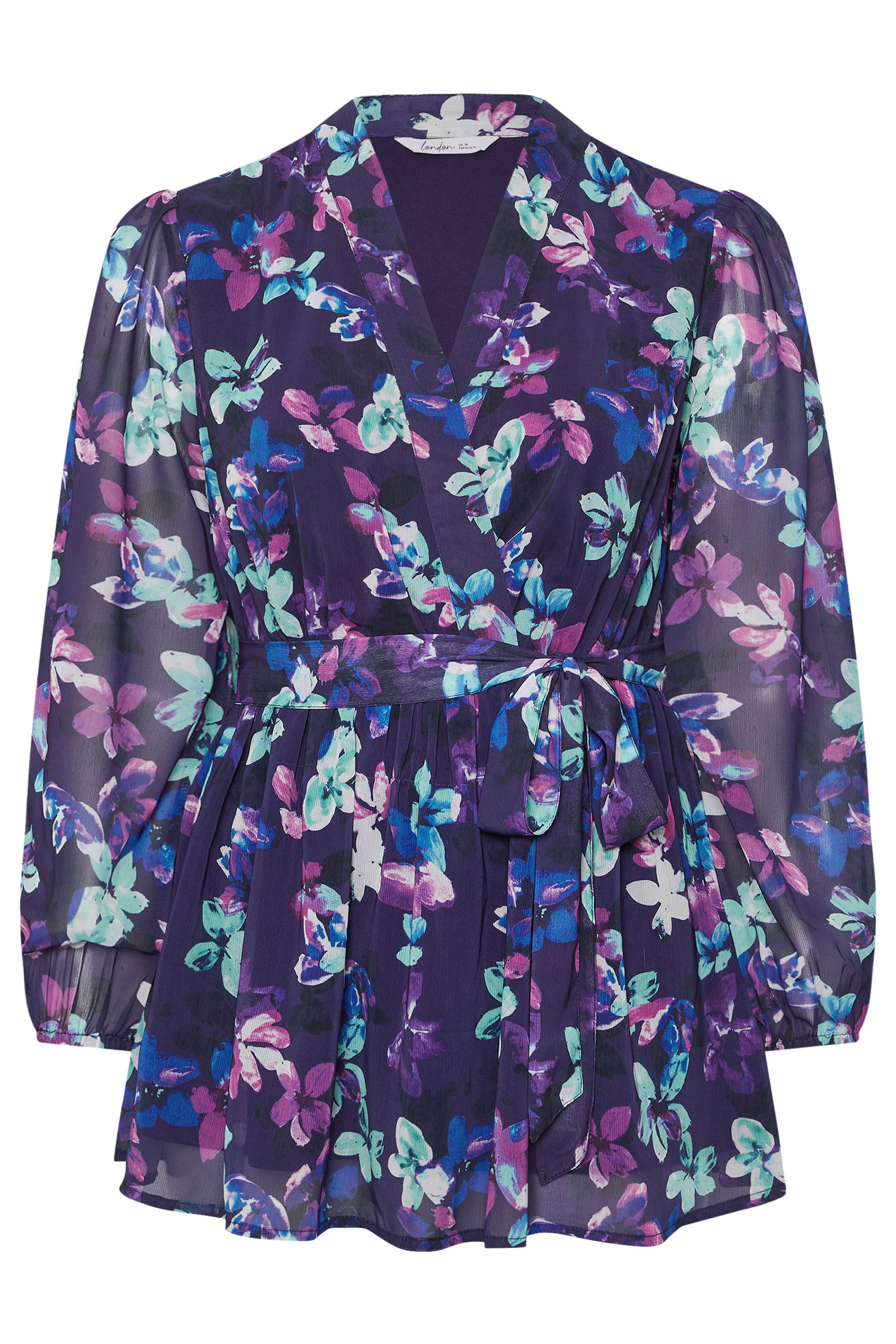 YOURS LONDON Plus Size Blue Floral Wrap Top | Yours Clothing 5