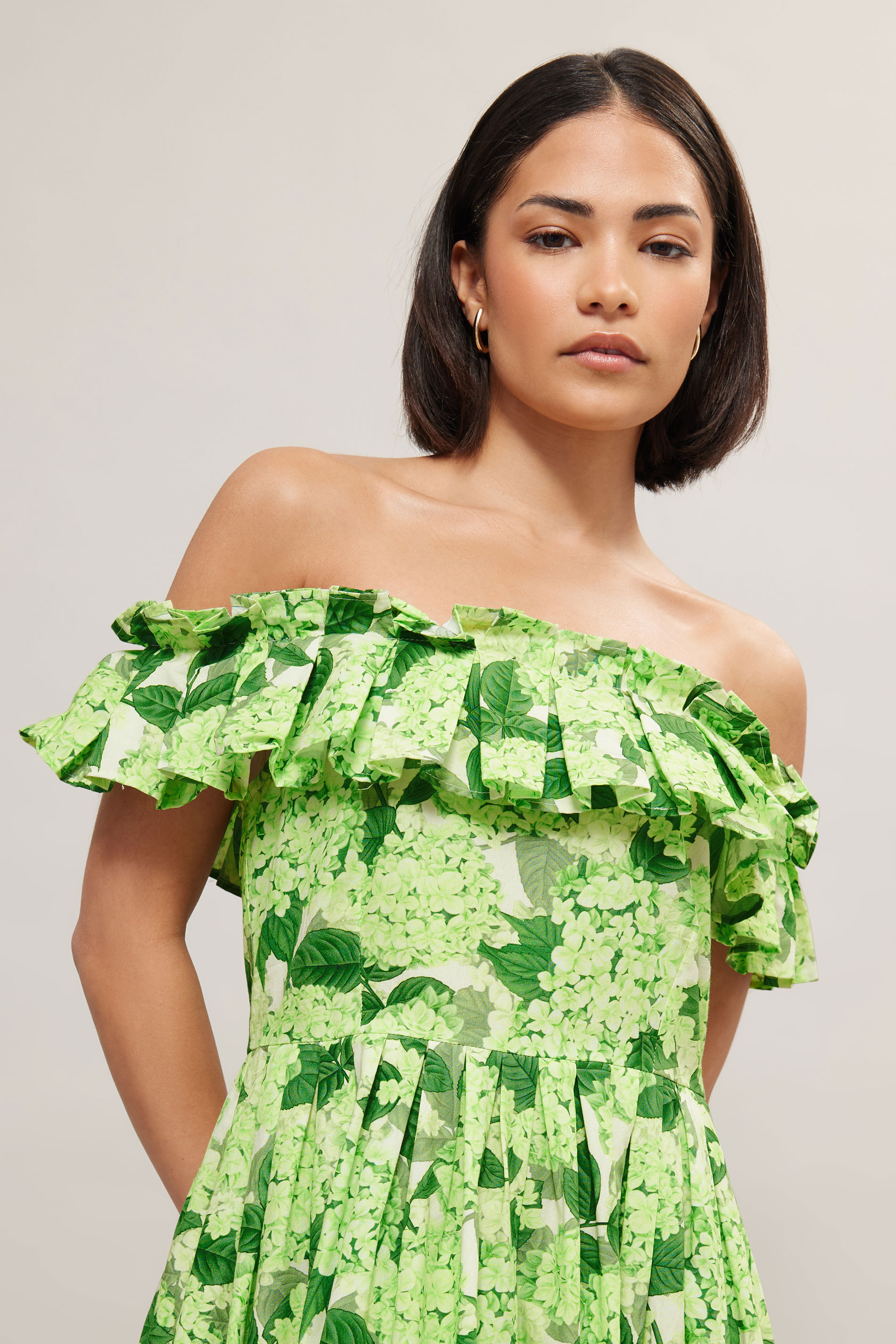 PixieGirl Petite Women's Green Floral Ruffle Cotton Bardot Midi Dress | PixieGirl 2