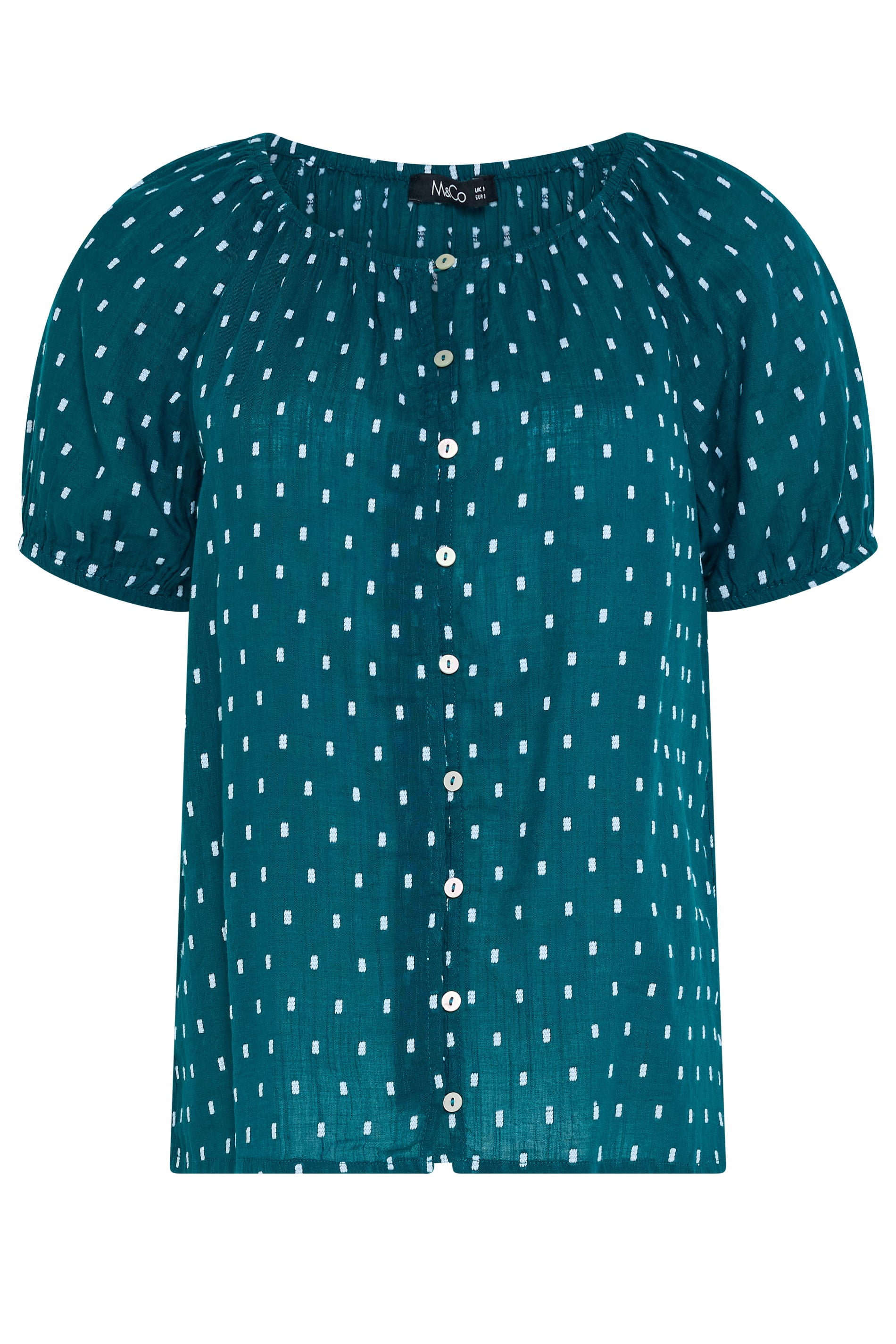M&Co Teal Blue Dobby Button Up Cotton Blouse | M&Co 1