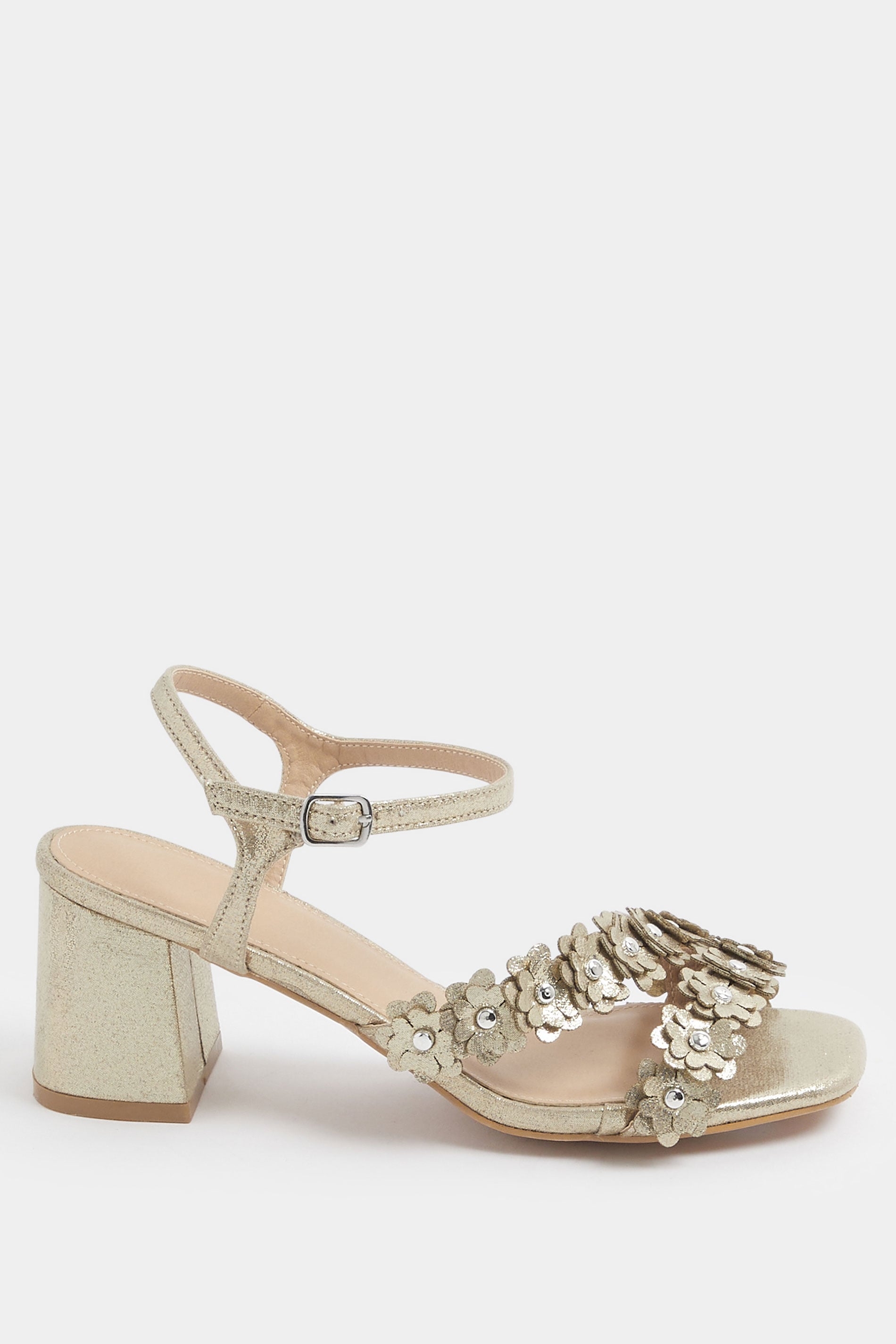 Gold Shimmer Floral Block Heel Sandals In Extra Wide EEE Fit | Yours Clothing 4
