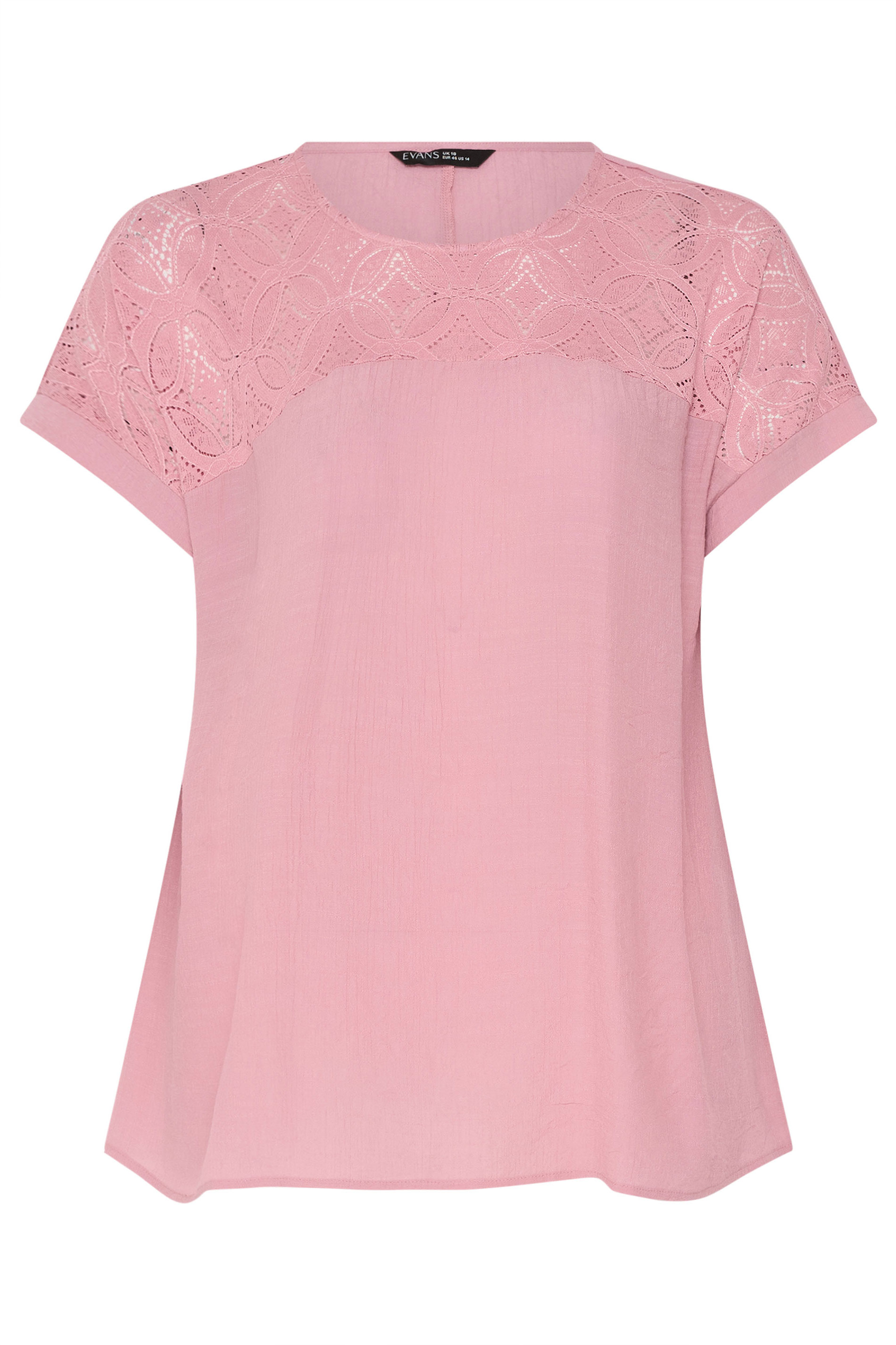 EVANS Plus Size Pink Lace Detail Short Sleeve Top | Evans  5