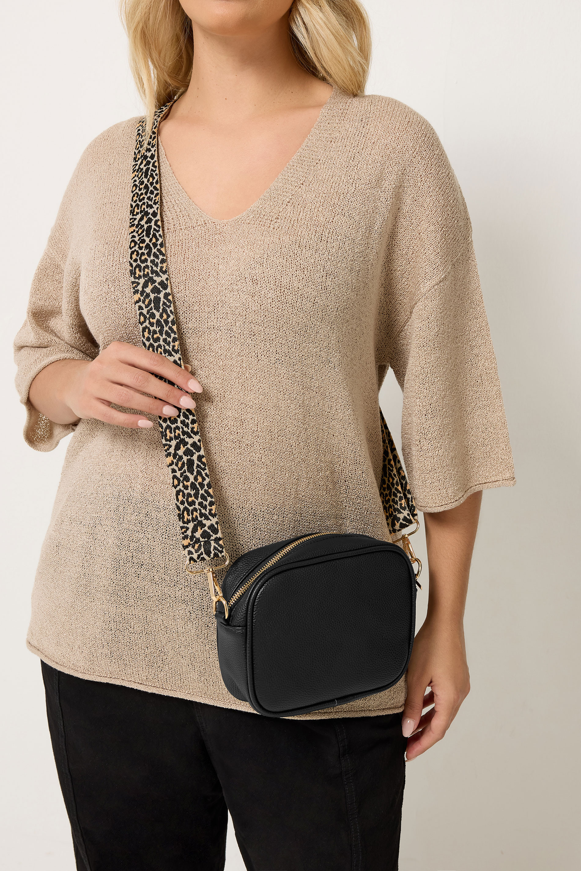 Black Faux Leather Leopard Strap Shoulder Bag | Yours Clothing 1