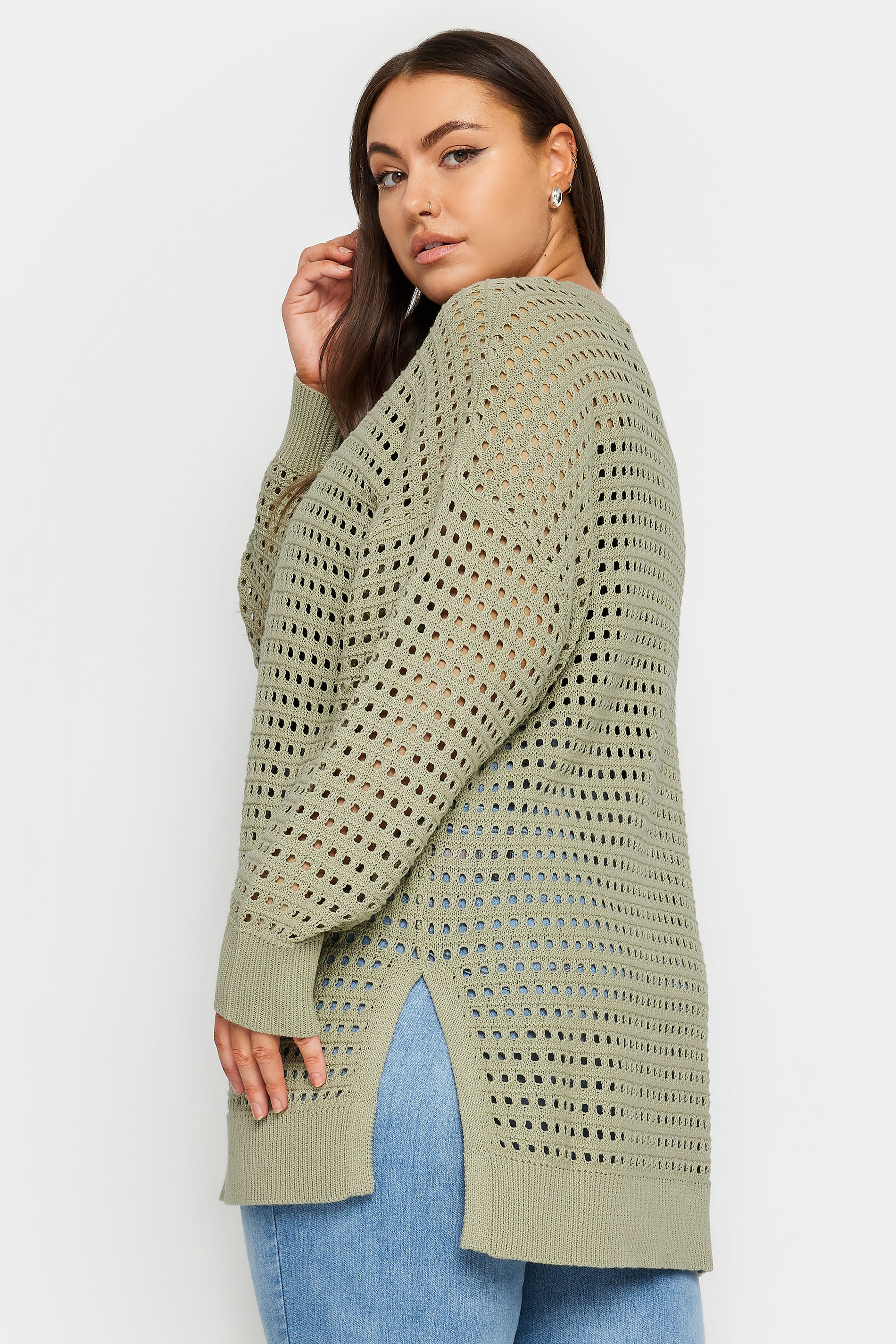 YOURS Plus Size Green Side Split Crochet Jumper | Yours Clothing 3