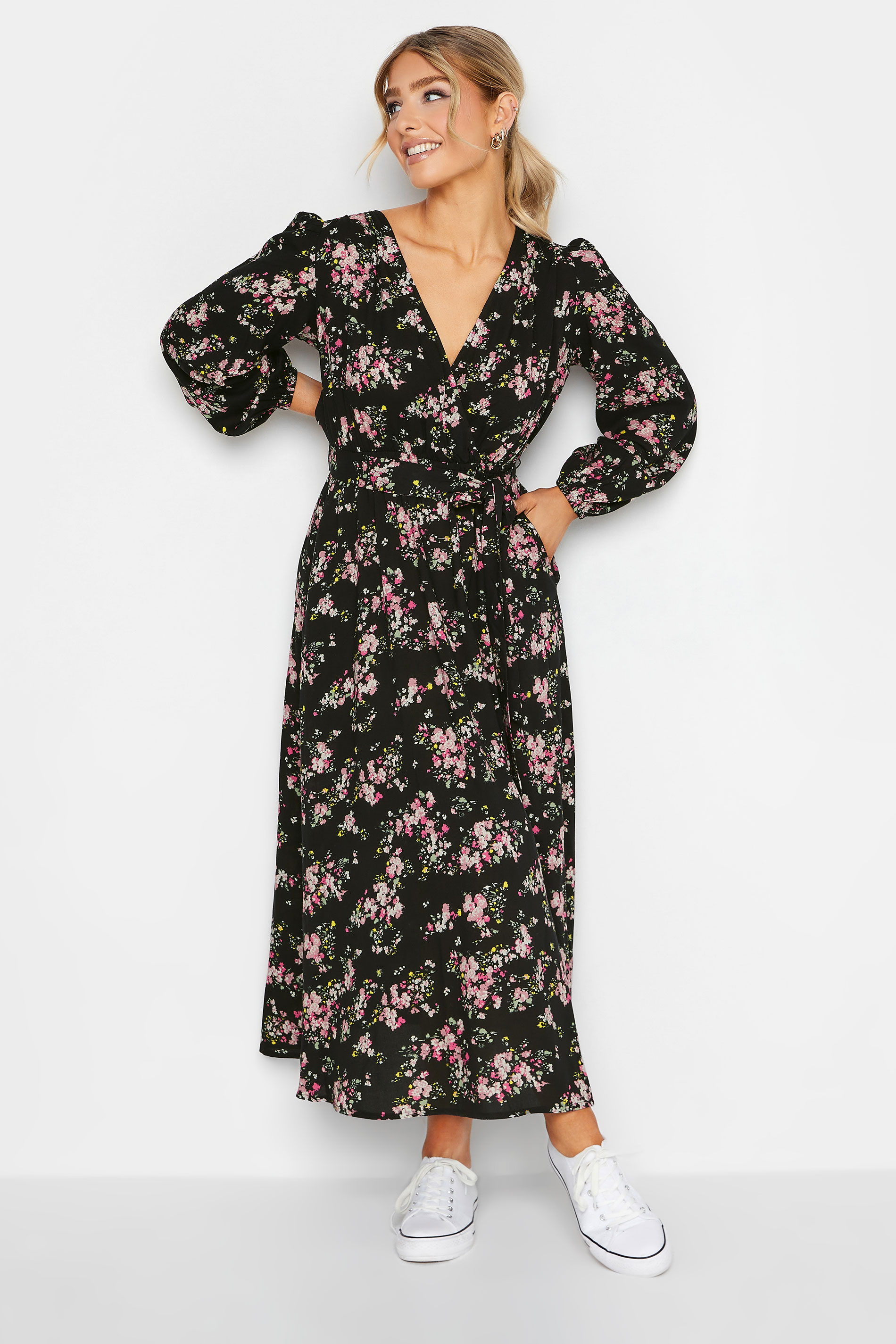 M&Co Black & Pink Floral Print Wrap Front Dress | M&Co  2