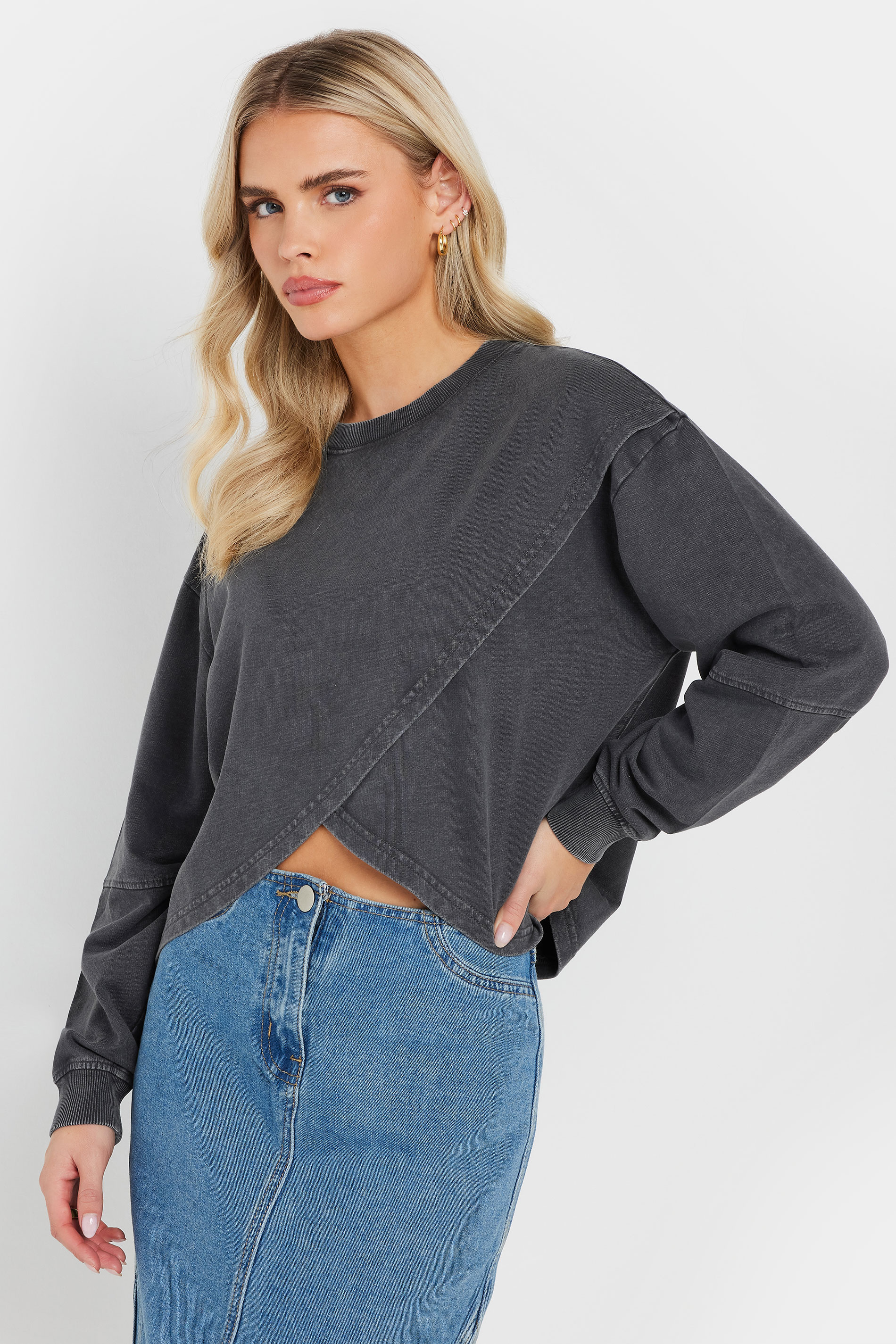 PixieGirl Petite Women's Grey Acid Wash Cross Over Cotton Sweatshirt | PixieGirl 3
