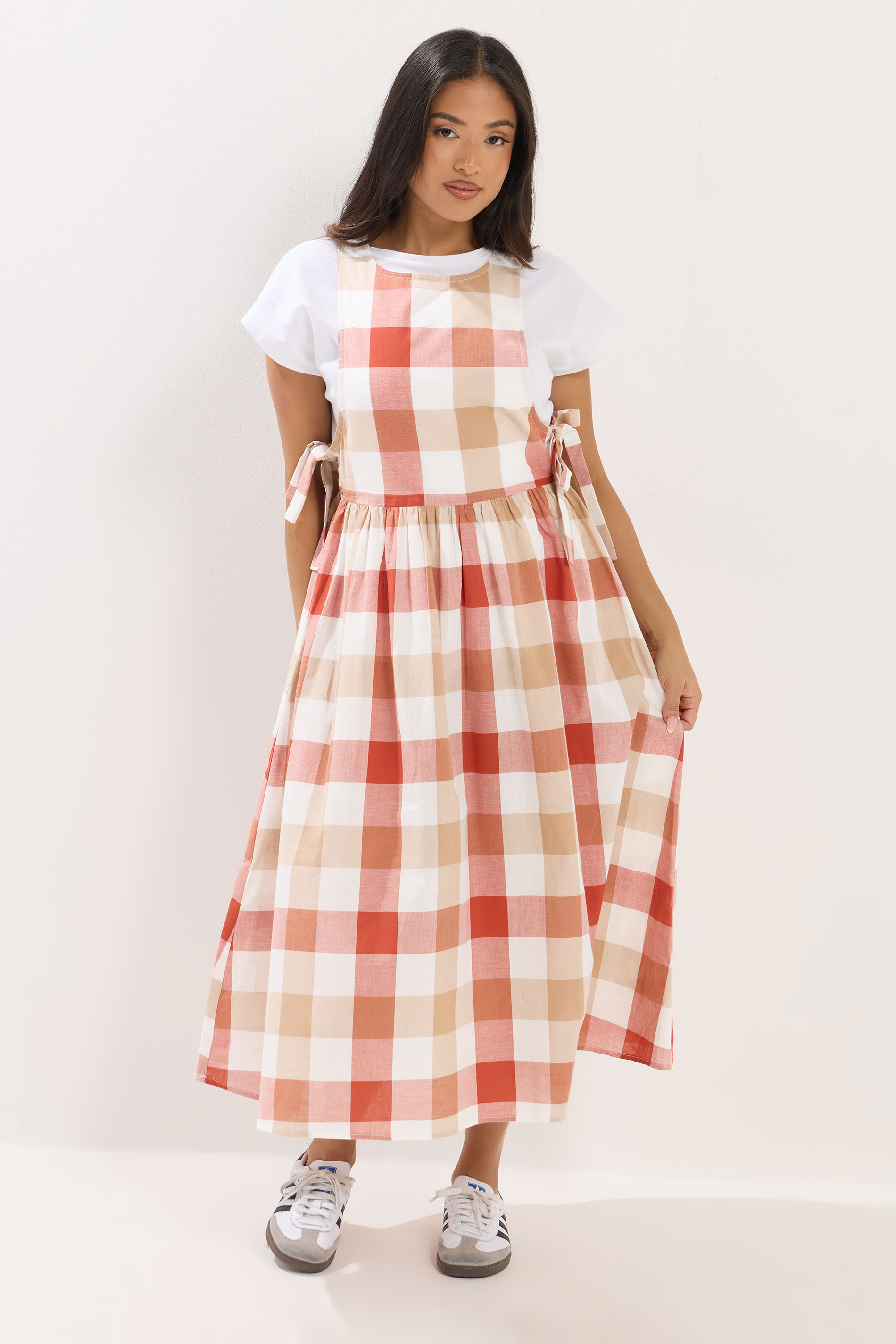 PixieGirl Petite Women's Pink Check Cotton Midi Dress | PixieGirl 1