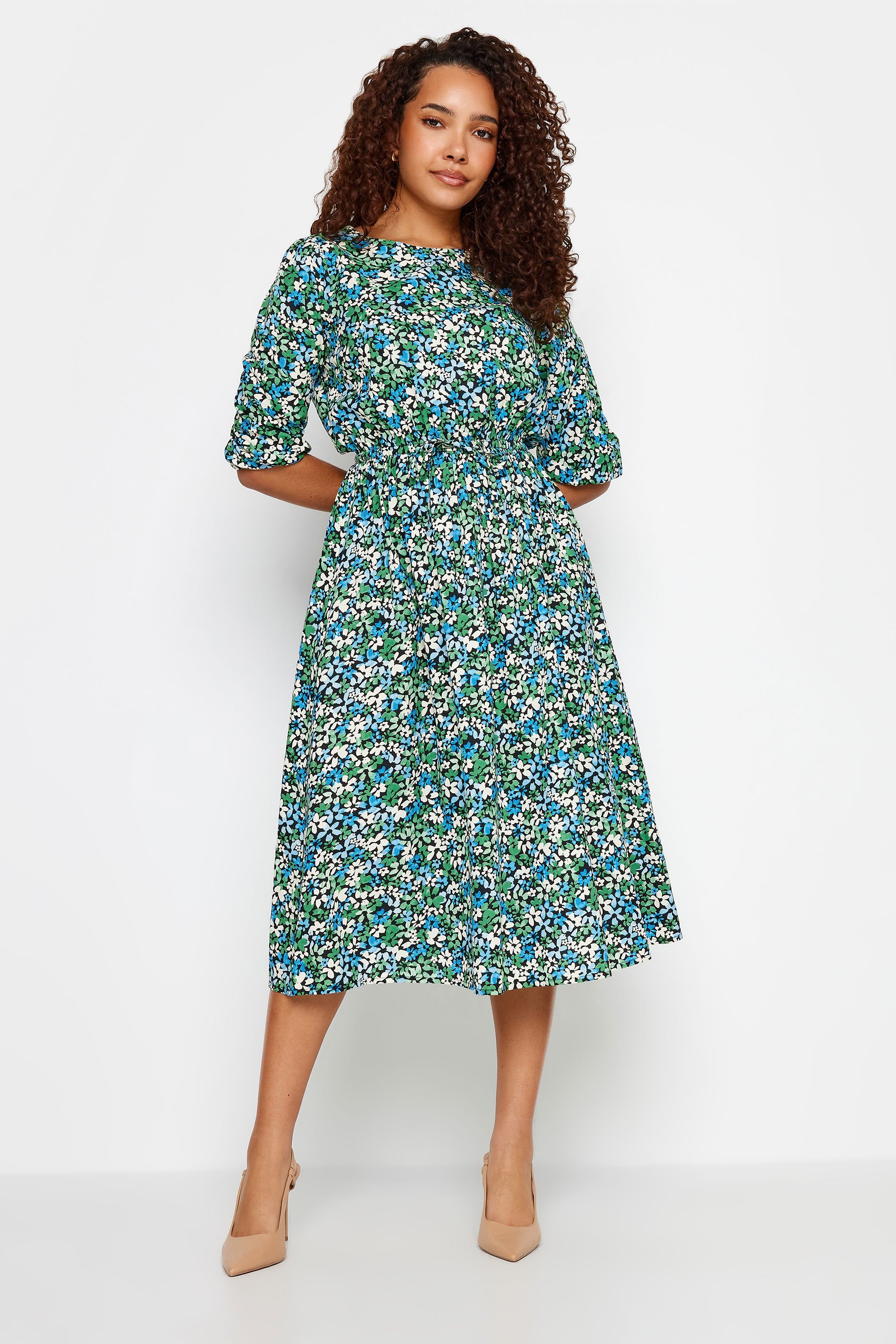 M&Co Green Floral Shirred Waist Long Sleeve Midi Dress | M&Co 2