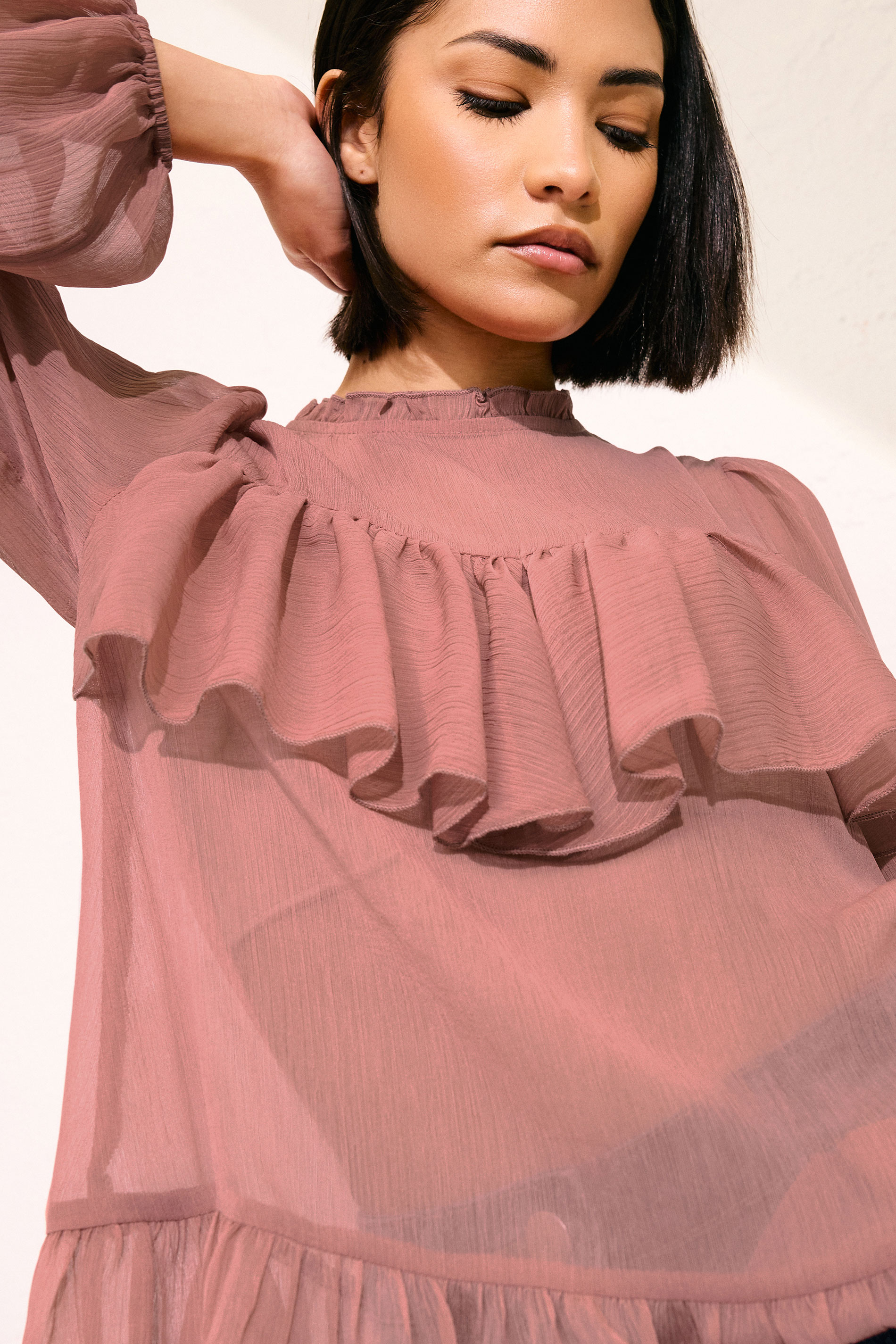 PixieGirl Petite Women's Coral Pink Chiffon Frill Blouse | PixieGirl 1