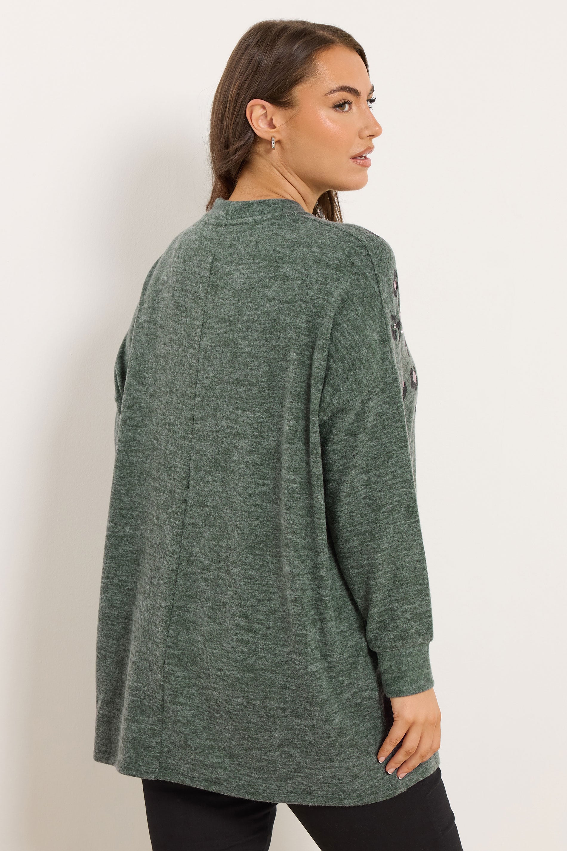 YOURS Plus Size Green Leopard Animal Print Stud Jumper | Yours Clothing 2