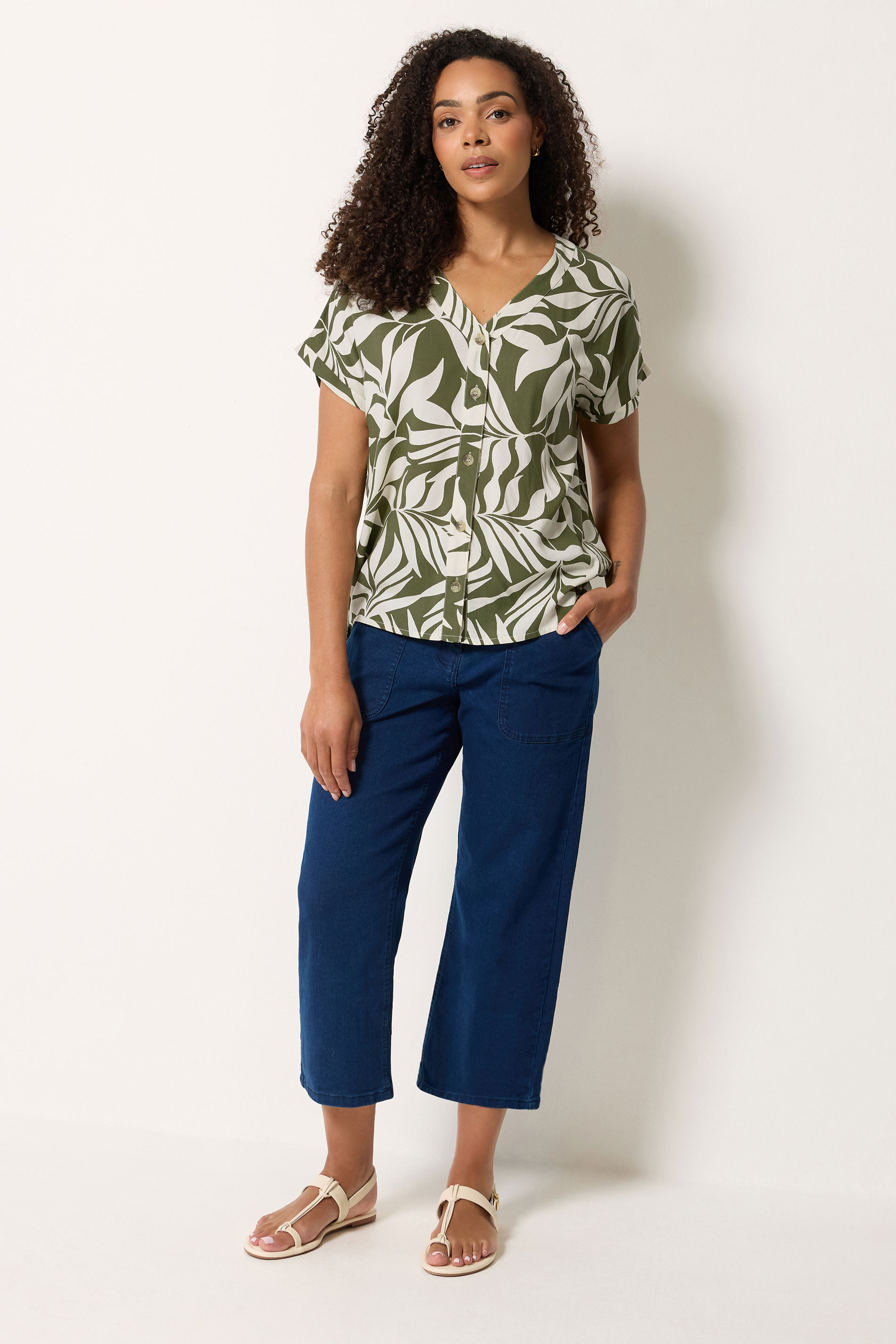 M&Co Khaki Green Leaf Print Short Sleeve Blouse | M&Co 1