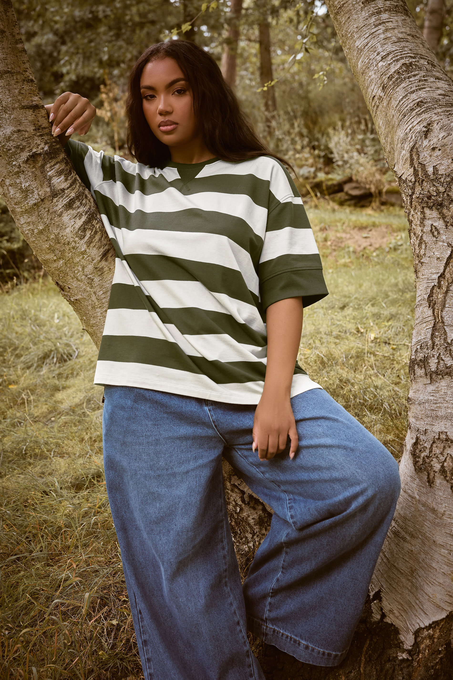YOURS Plus Size Khaki Green Stripe Heavyweight T-Shirt | Yours Clothing 1