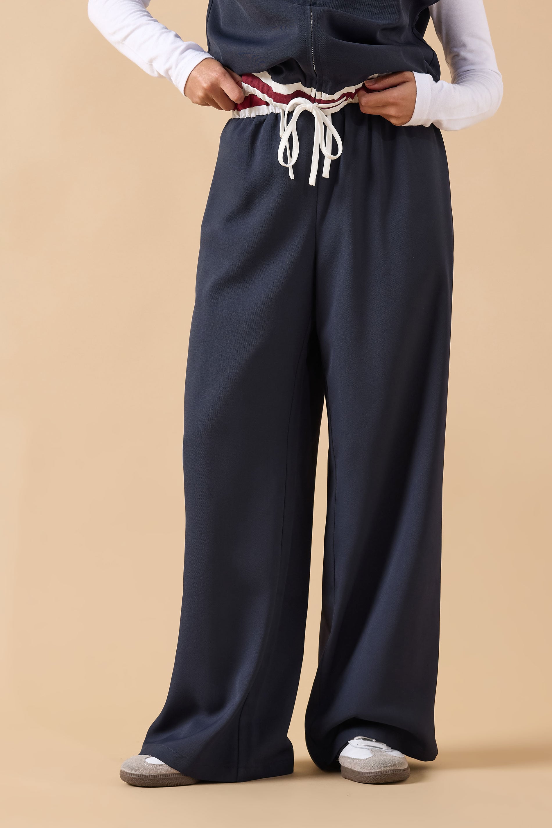 PixieGirl Petite Women's Navy Blue Contrast Waist Trousers | PixieGirl 1