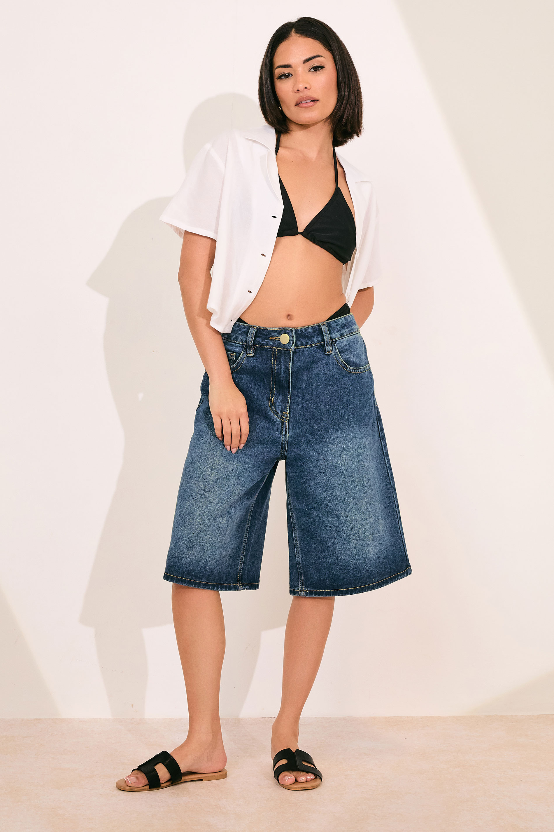 PixieGirl Petite Women's Mid Blue Cotton Denim Jorts | PixieGirl 2