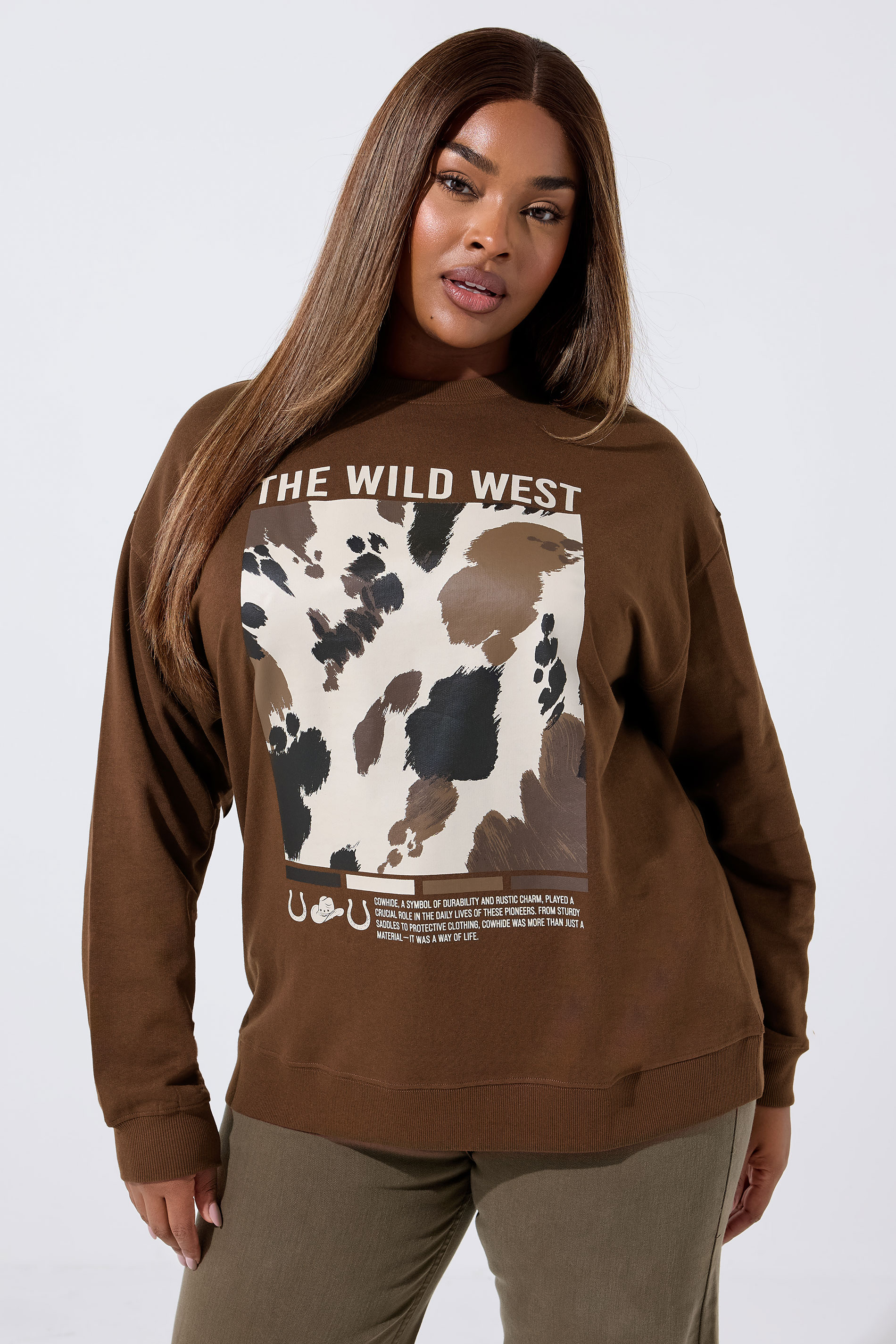 LIMITED COLLECTION Plus Size Chocolate Brown 'The Wild West' Cow Print Sweatshirt | Yours Clothing 3