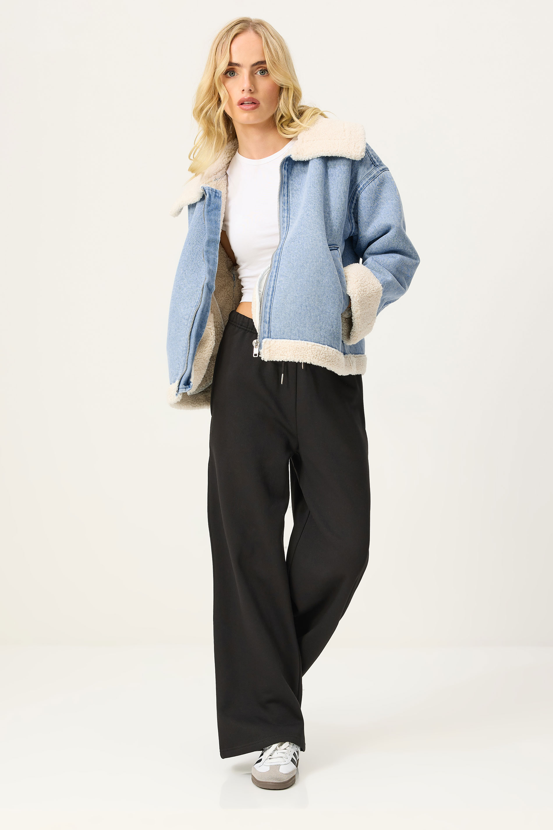 PixieGirl Petite Women's Light Blue Denim Borg Zip Jacket | PixieGirl 1
