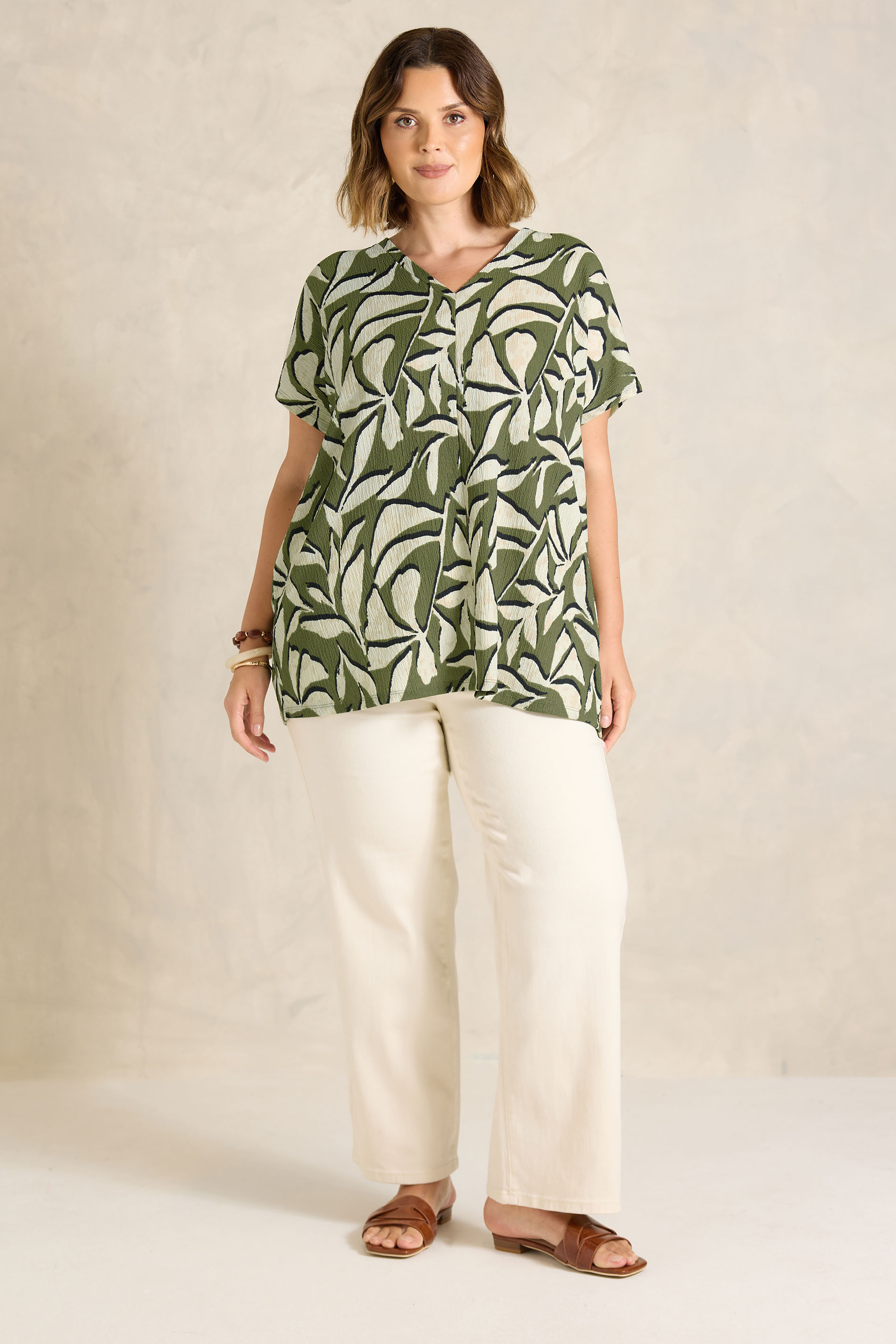 EVANS Plus Size Khaki Leaf Print Top | Evans 1