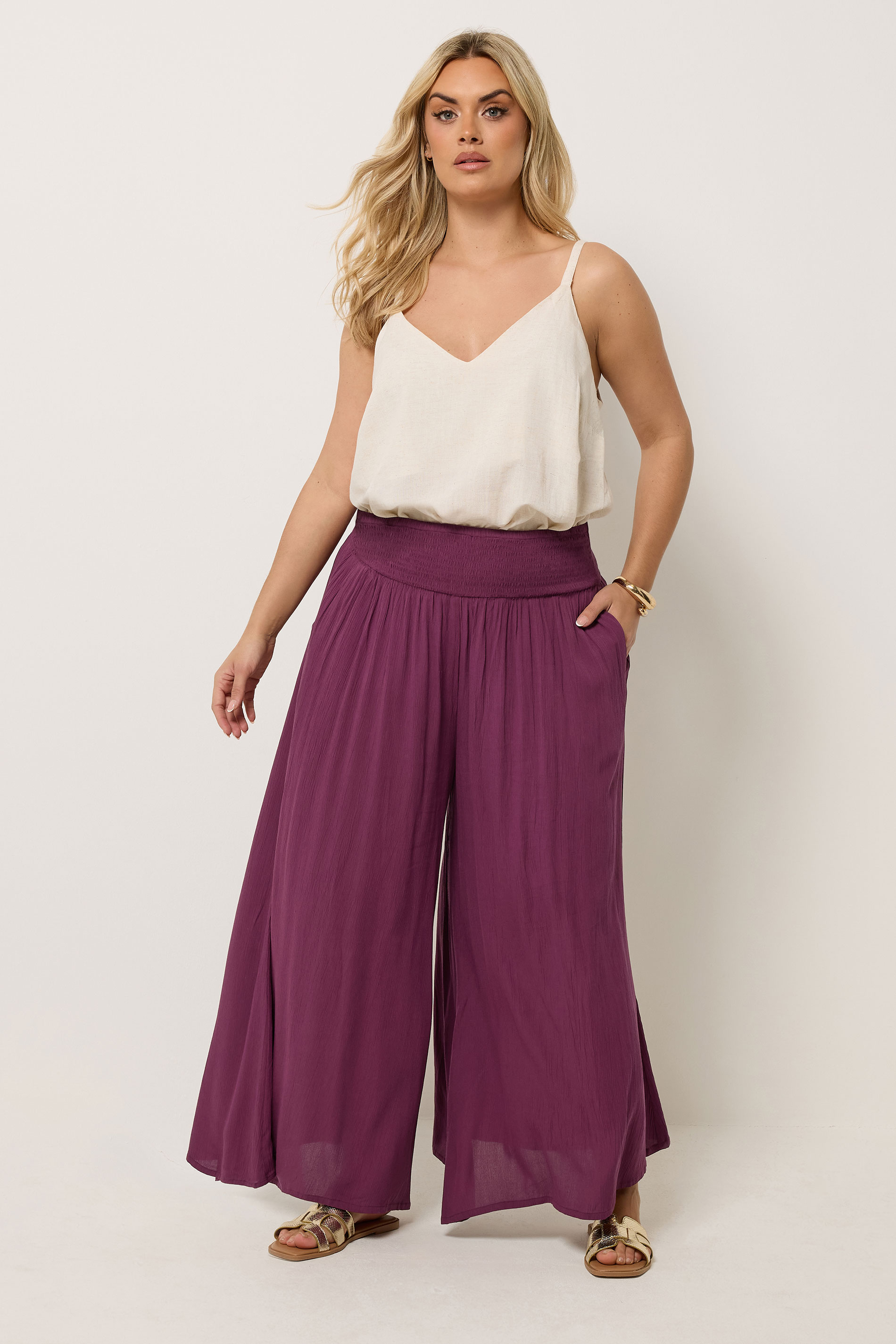 YOURS Plus Size Burgundy Red Shirred Trousers | Yours Clothing 1