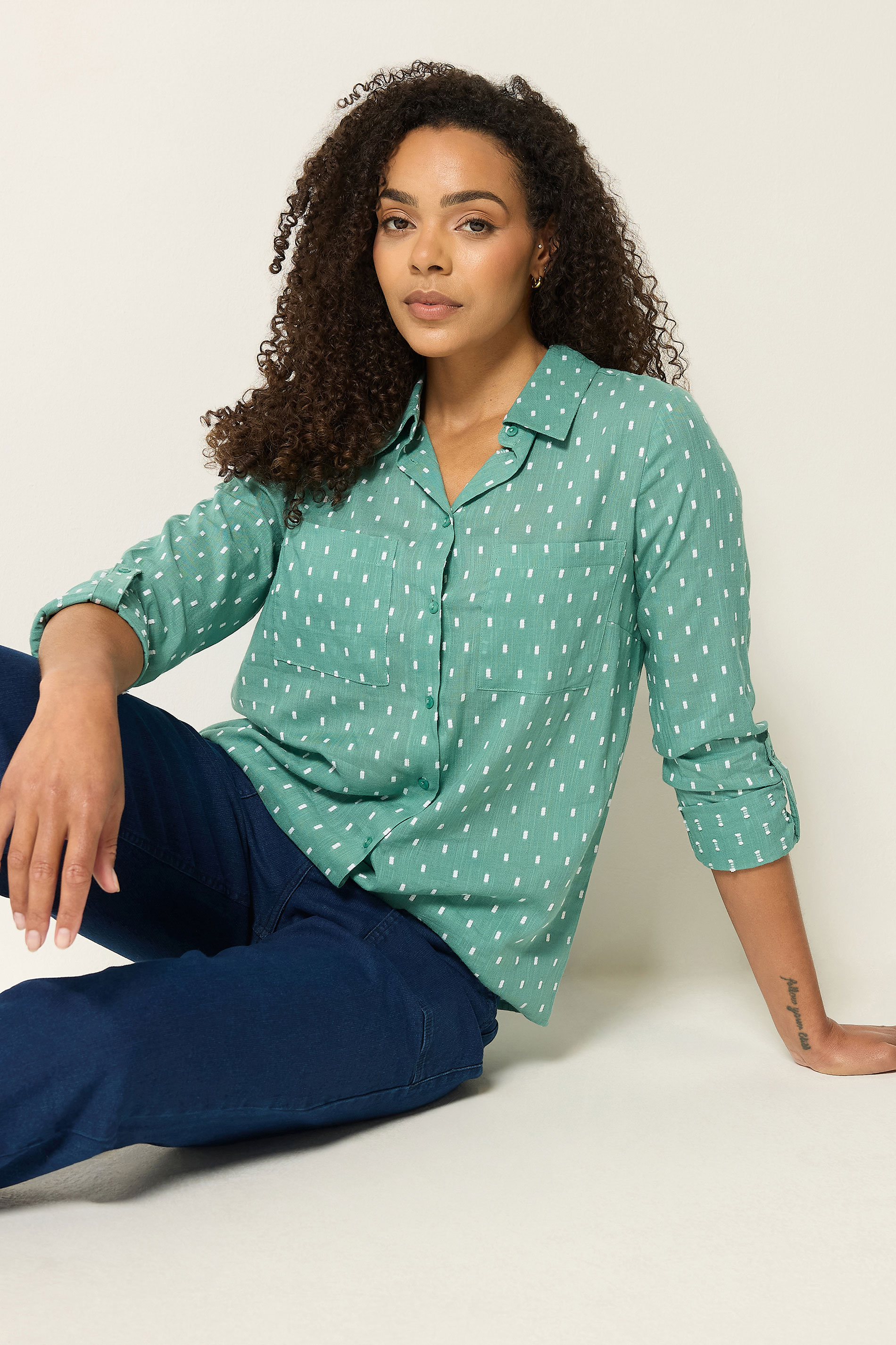 M&Co Sage Green Dobby Long Sleeve Cotton Shirt | M&Co 3